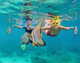 A mother and child snorkeling among several colorful fish.