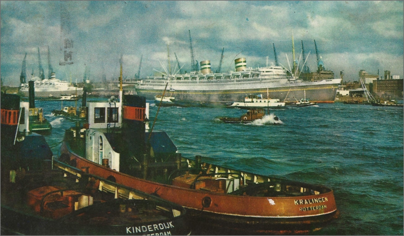 A detailed painting of ships in the harbor from the 1900s
