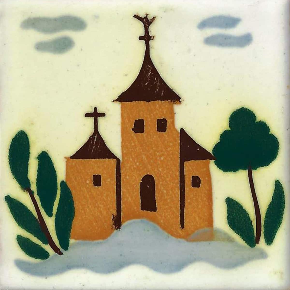 Tile decorated with church, trees and sea, 1972