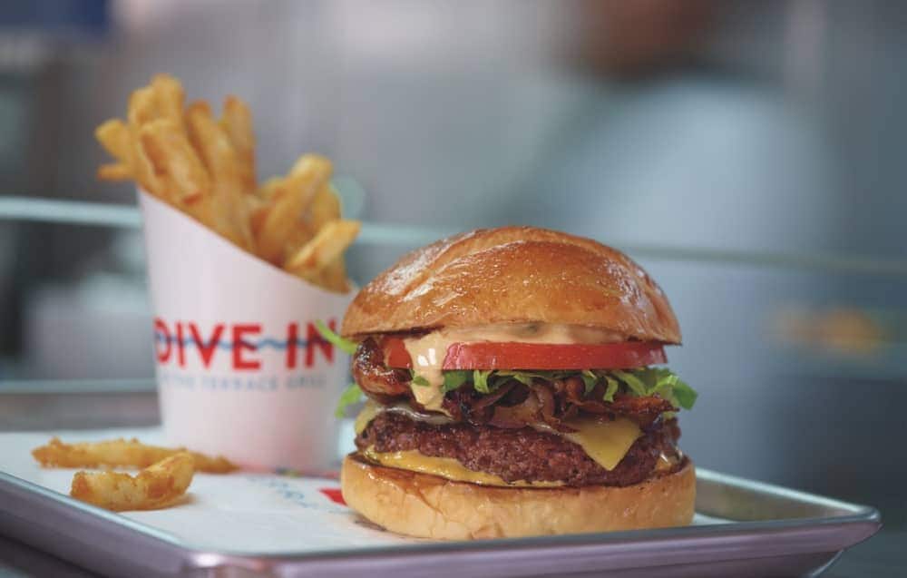 Dive-In's Cannonball burger with a side of fries.