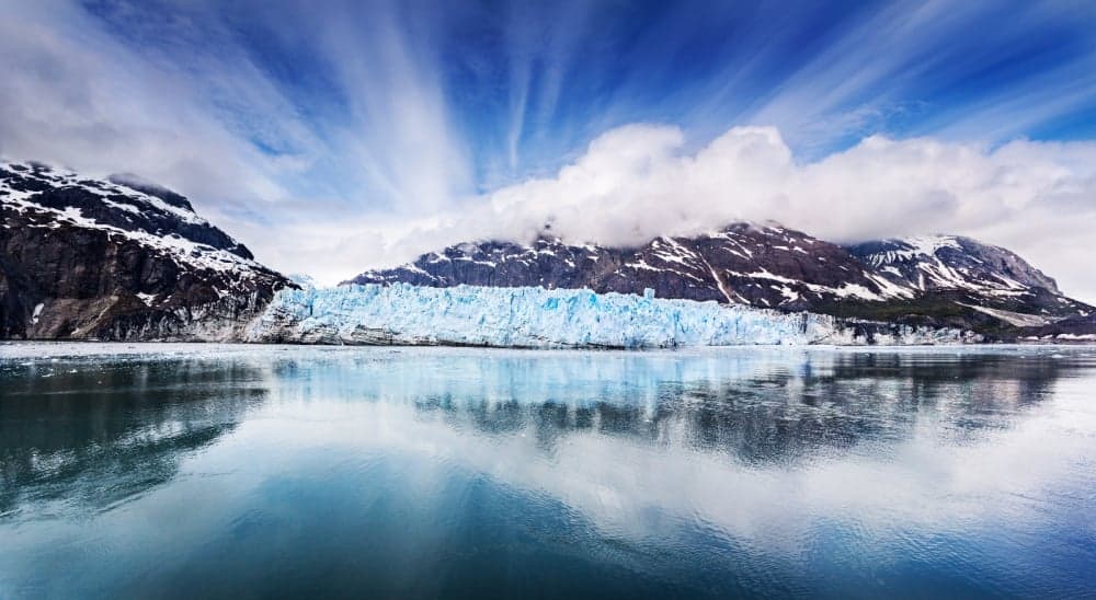 Panoramic view of the face of Margarie Glacier in Glacier Bay National Park, Alaska
