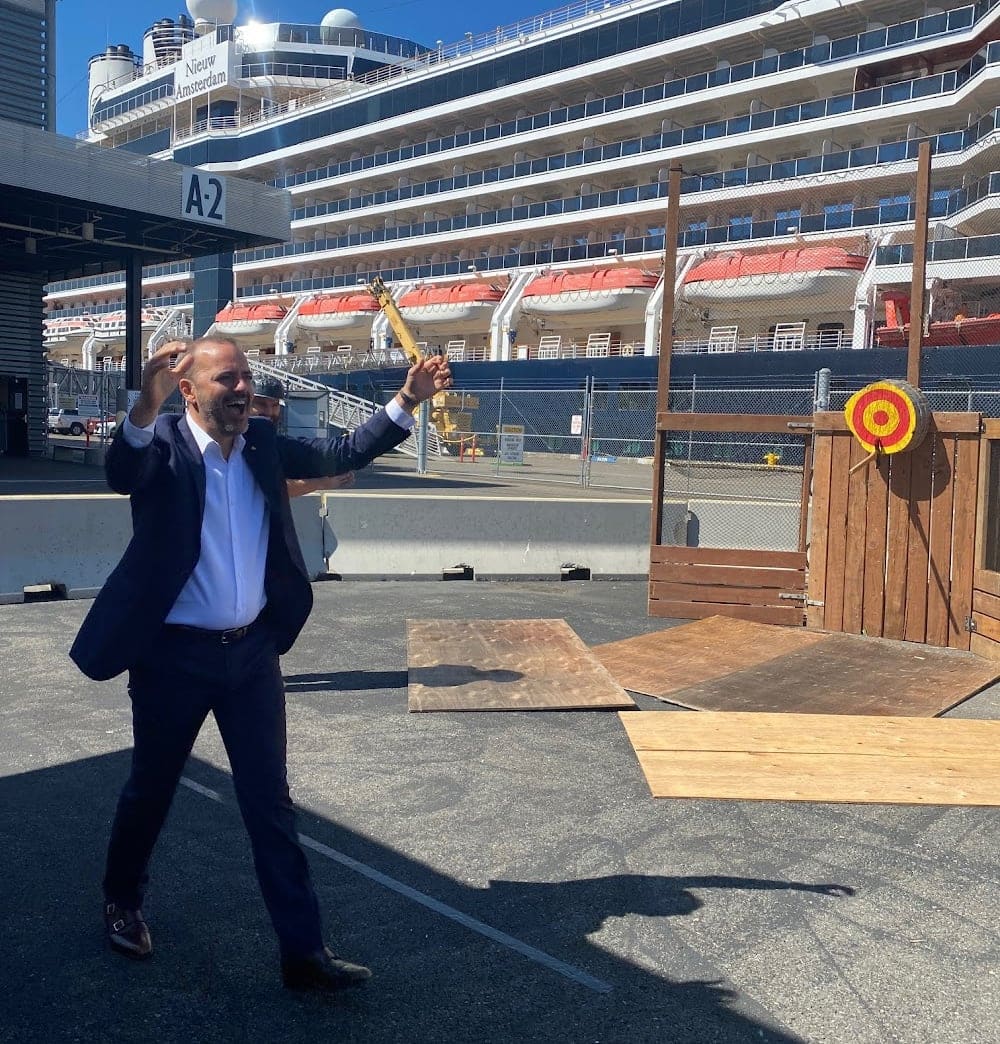Holland America Line President Gus Antorcha was elated when he had a successful throw.