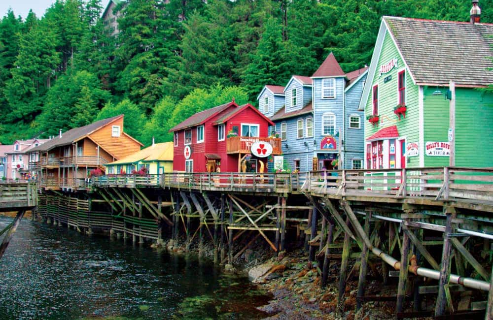 The colorful historic buildings of Creek Street in a cruise ship port of call, Ketchikan, Alaska, USA..
