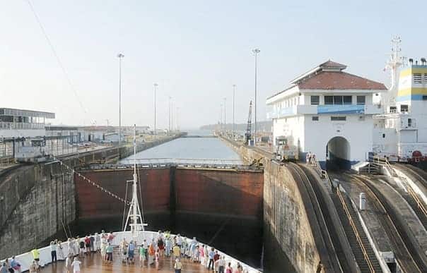 Moving through the Panama Canal locks. Photo by Captain Mercer. 
