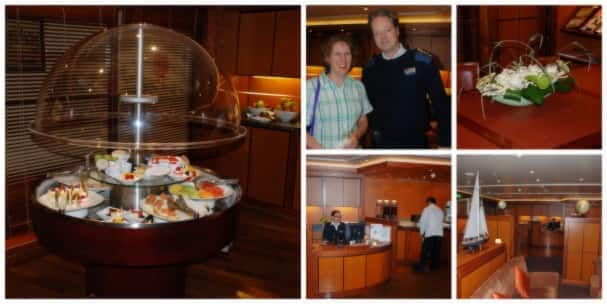 Photos by Sofia Burns. Clockwise from left : A snack display; Sofia and Captain van Hoogdalem; floral details; a view of the lounge; "the sweet butterfly Vanessa" 