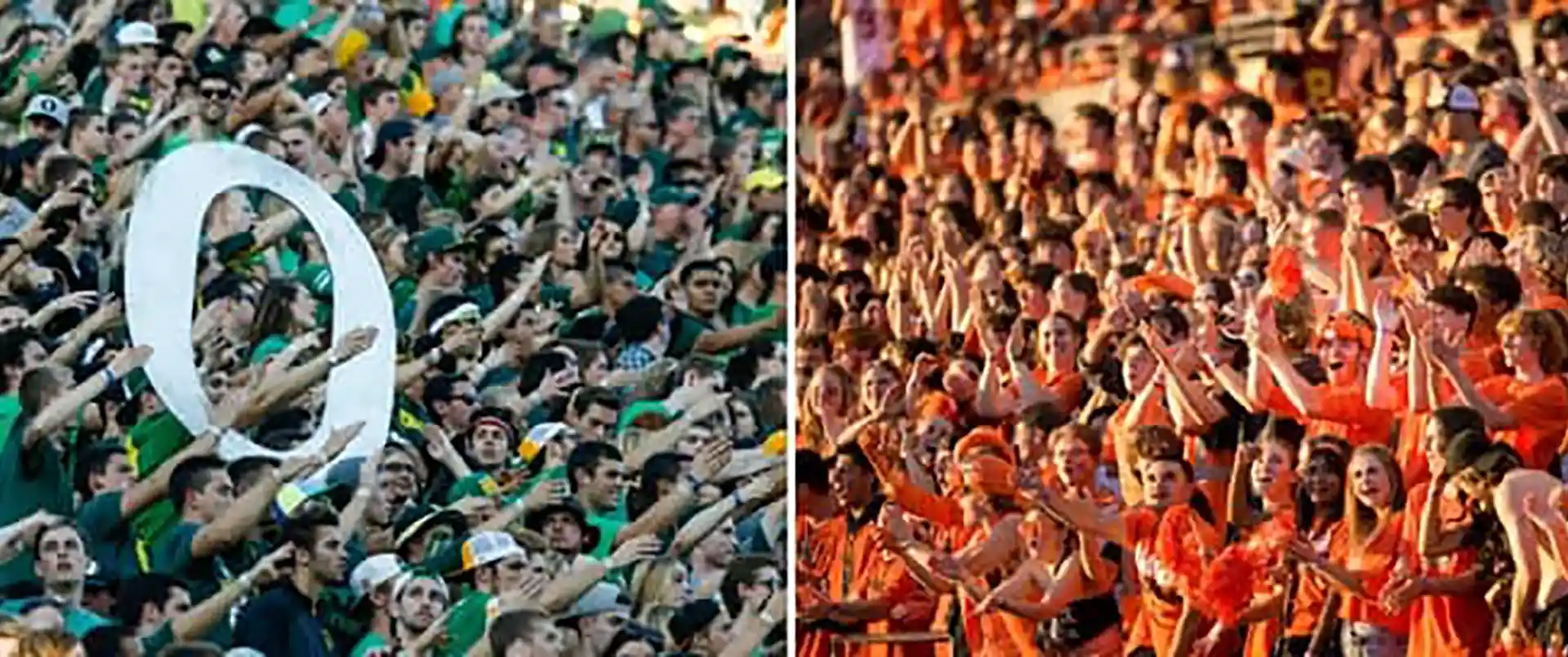 View of college football fans in school colors cheering on their teams.