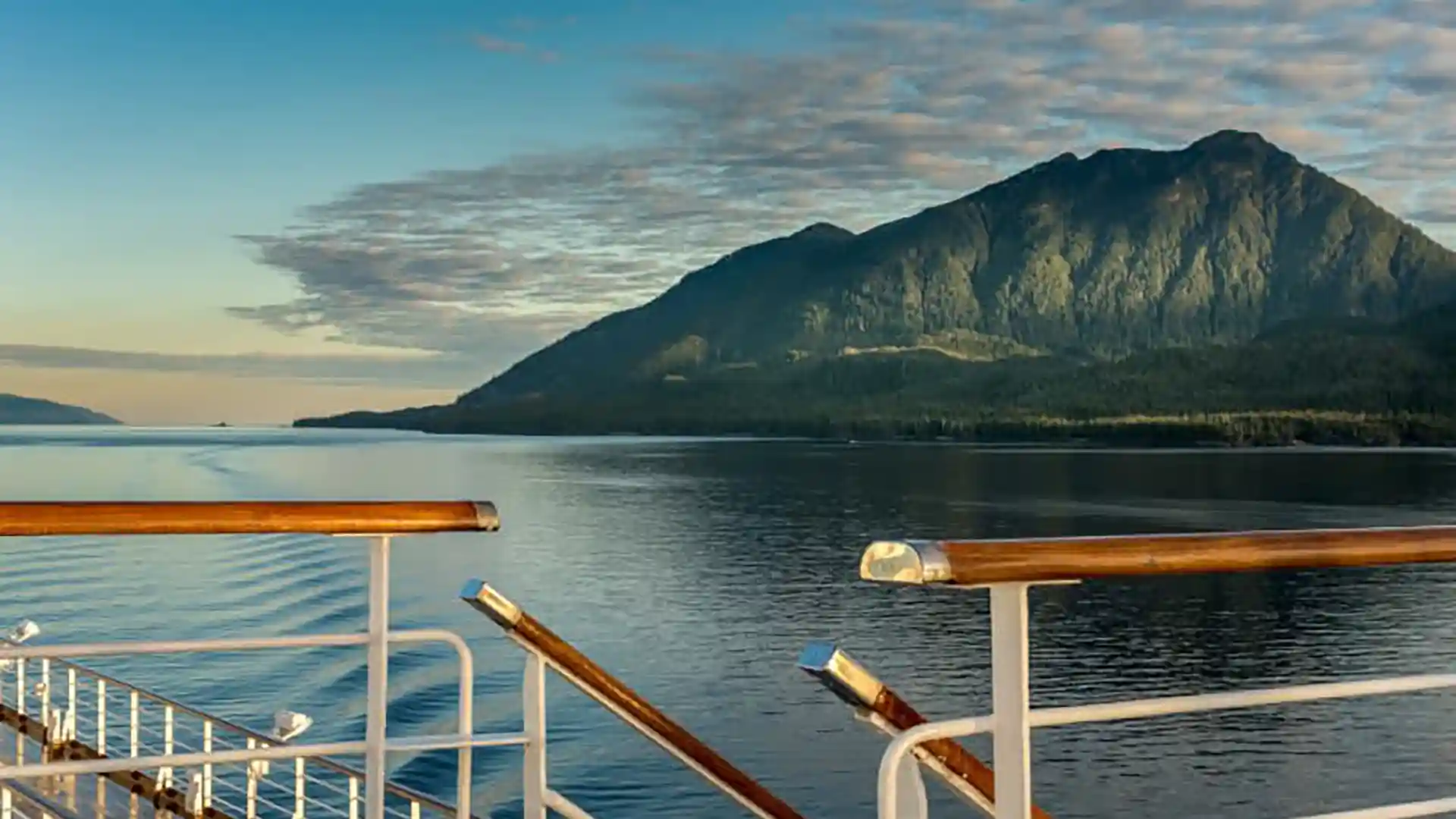 Cruise ship railing and stairs overlooking ocean and green landscape.