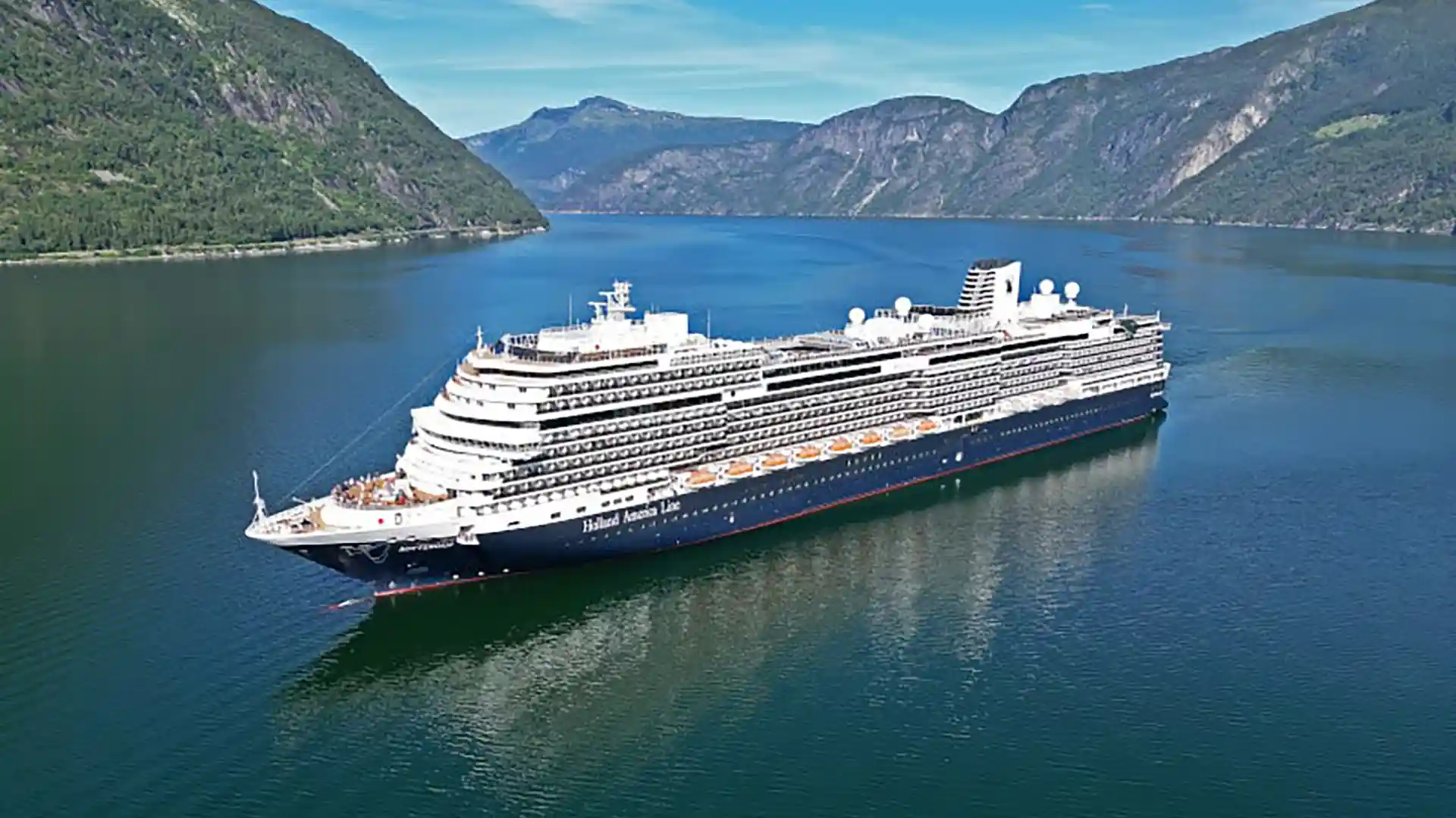 View of Holland America Line's Rotterdam cruise ship sailing around Norway.