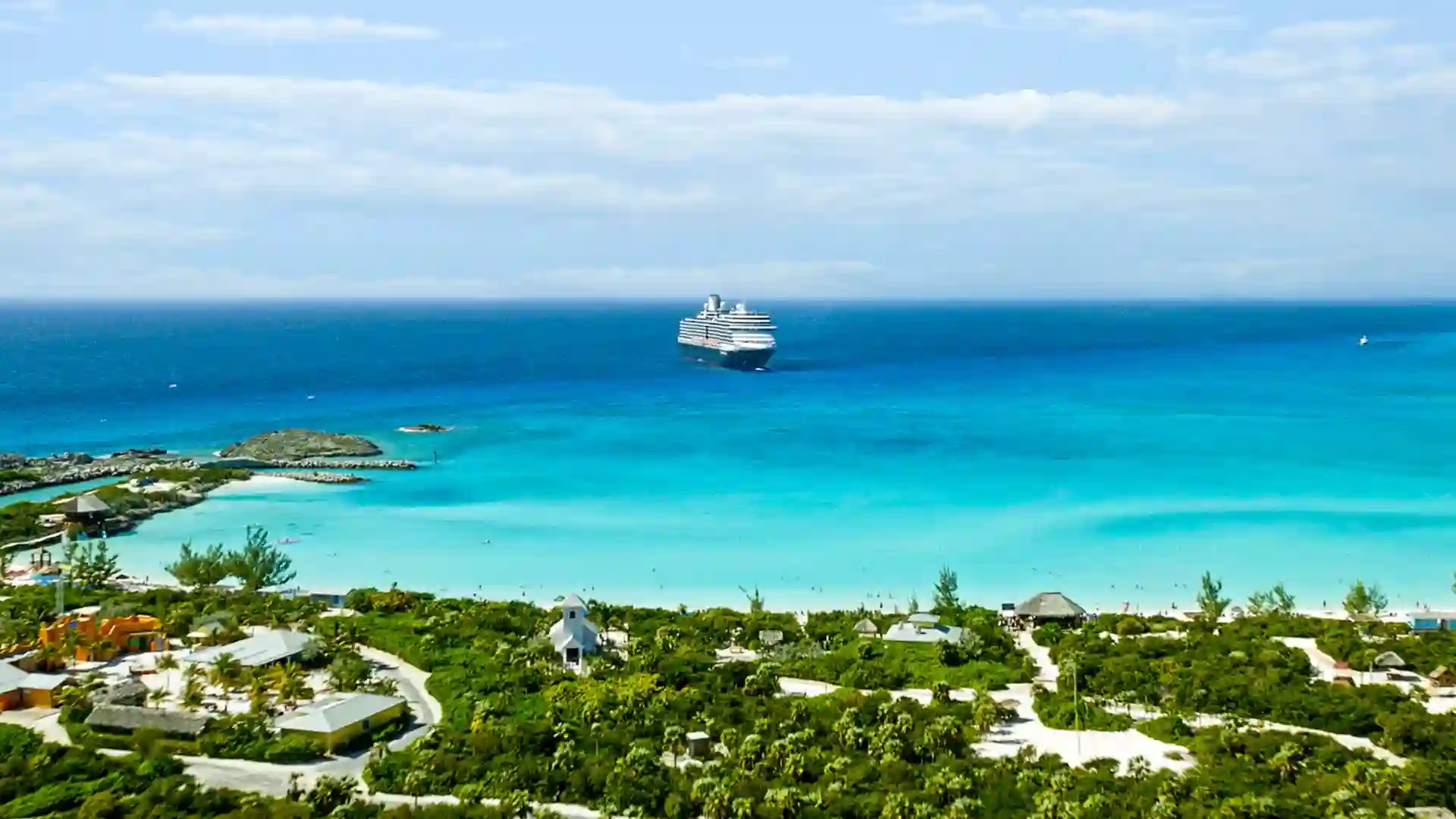 Aerial photo of Holland America Line ship at Half Moon Cay in Bahamas.