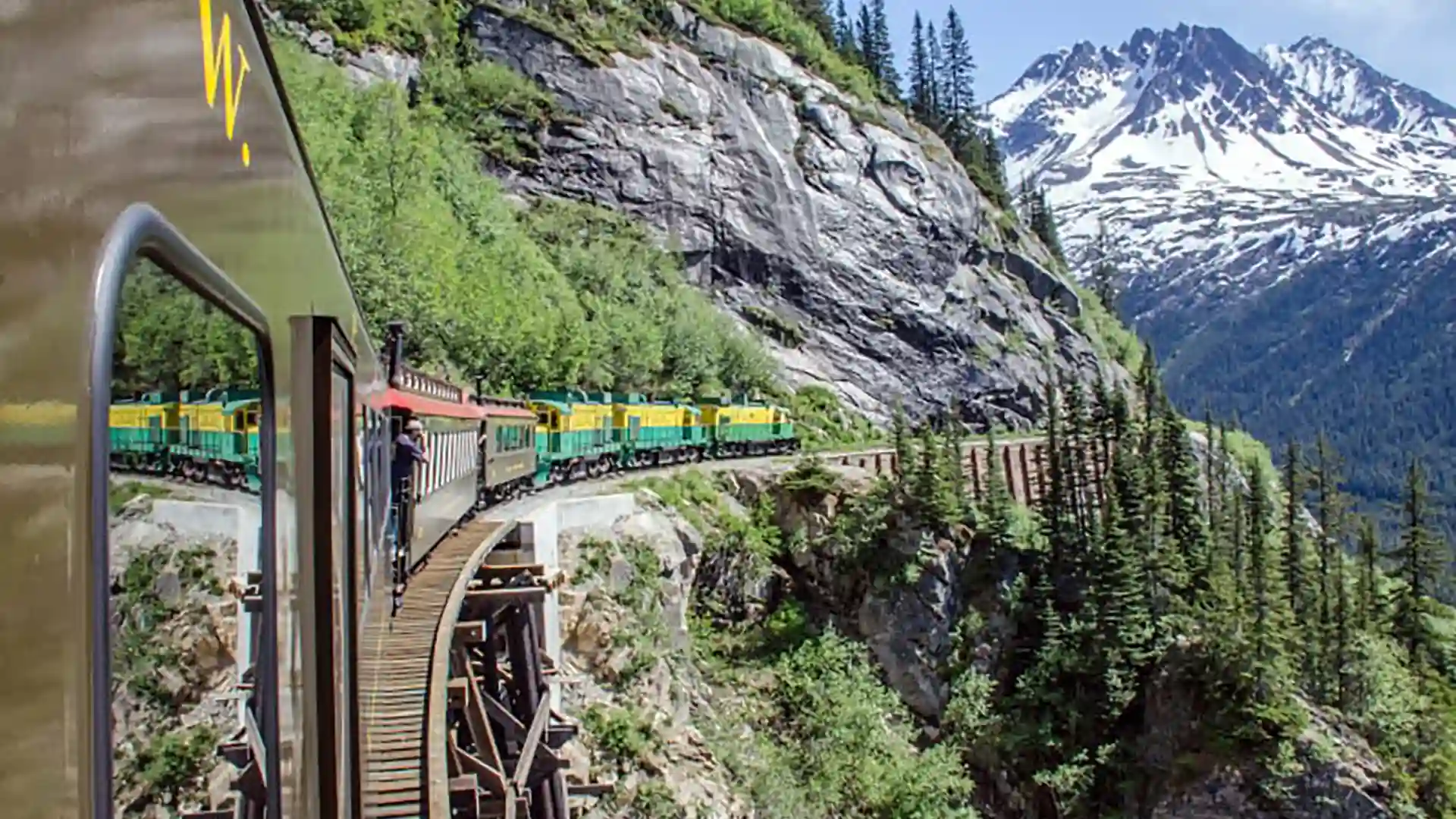 Train Ride to Yukon View of train traveling around green and rocky landscape.