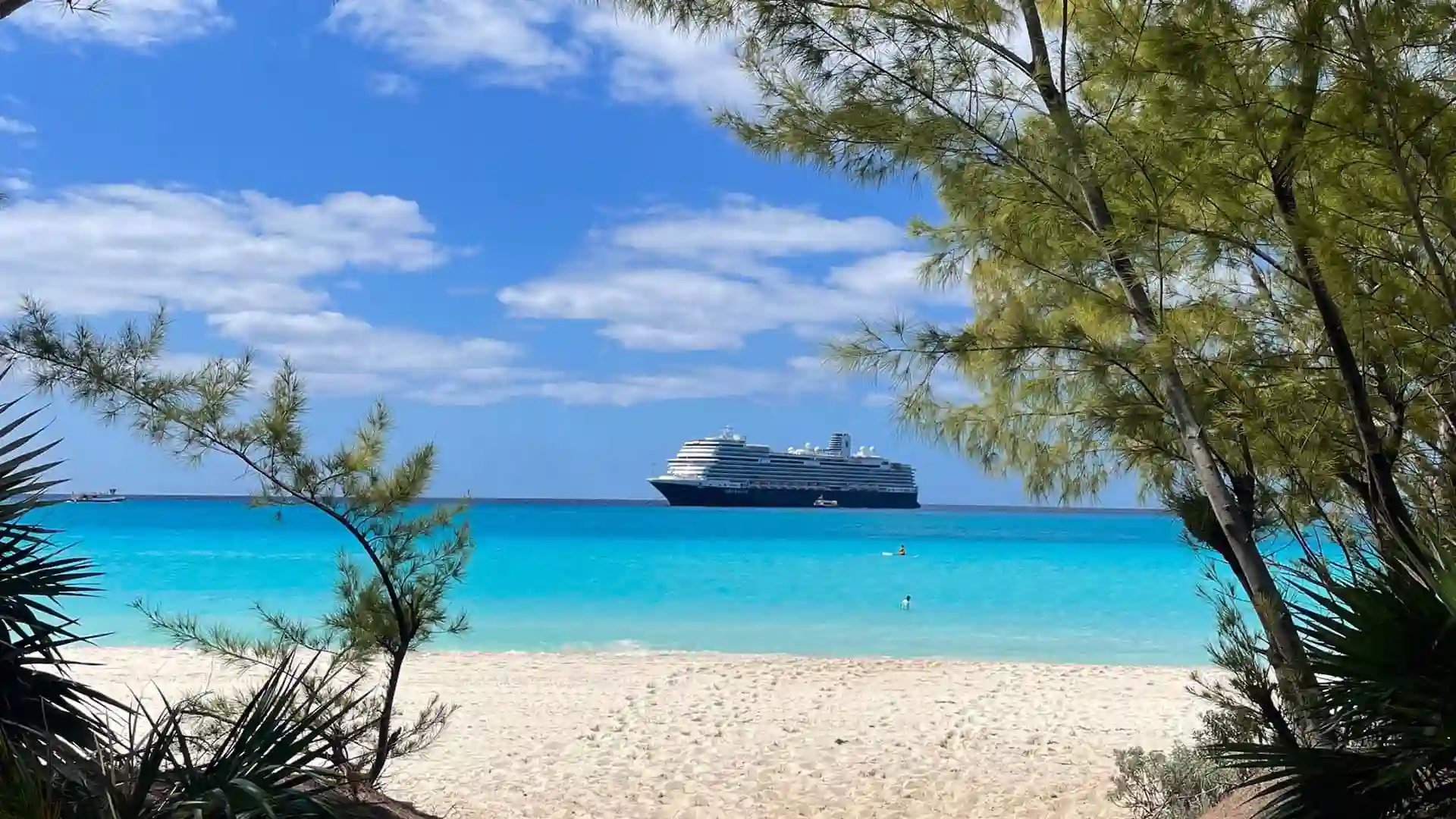 View of Holland America Line cruise ship at Half Moon Cay in the Bahamas.