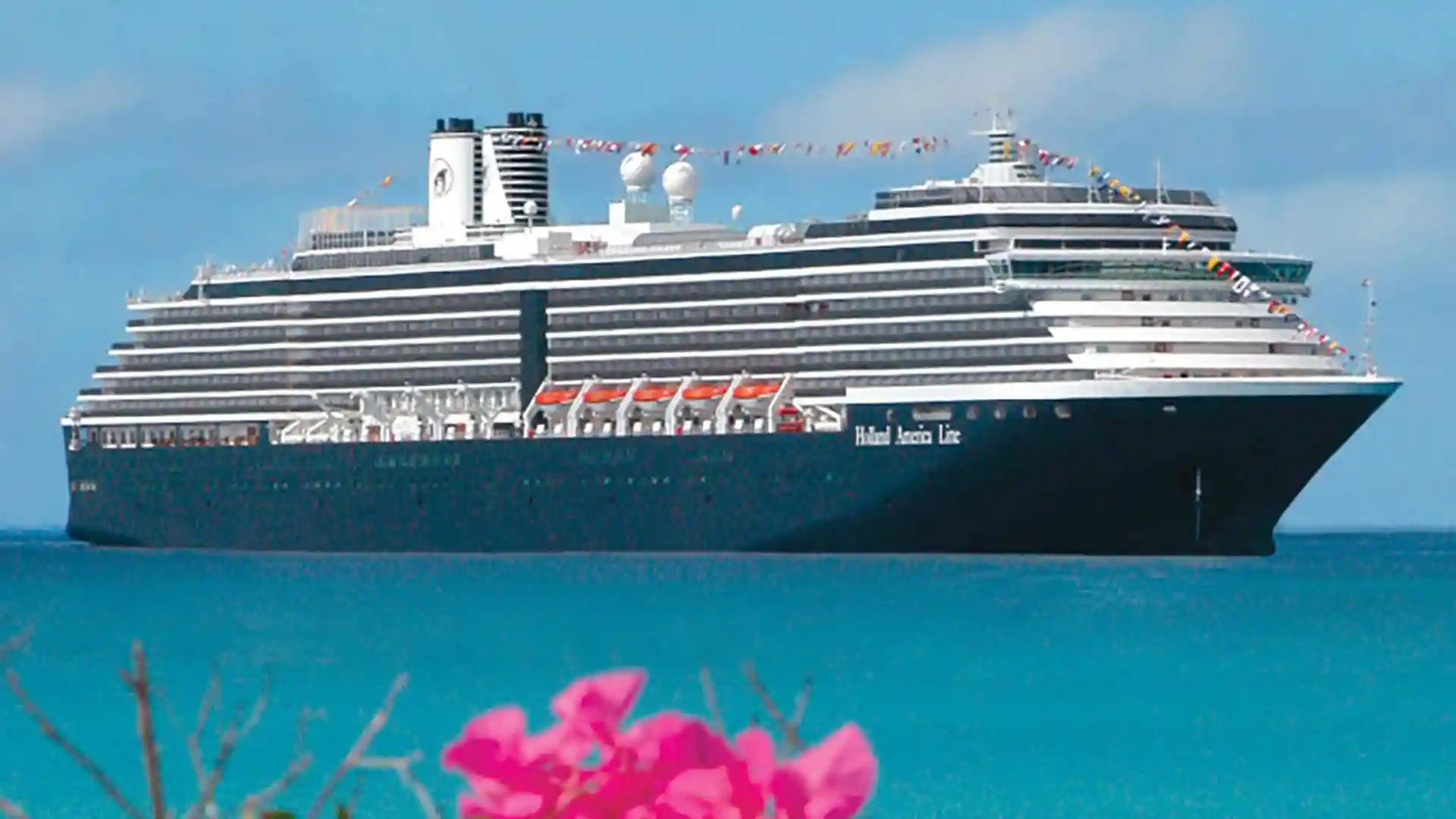 View of Holland America Line cruise ship in Caribbean.
