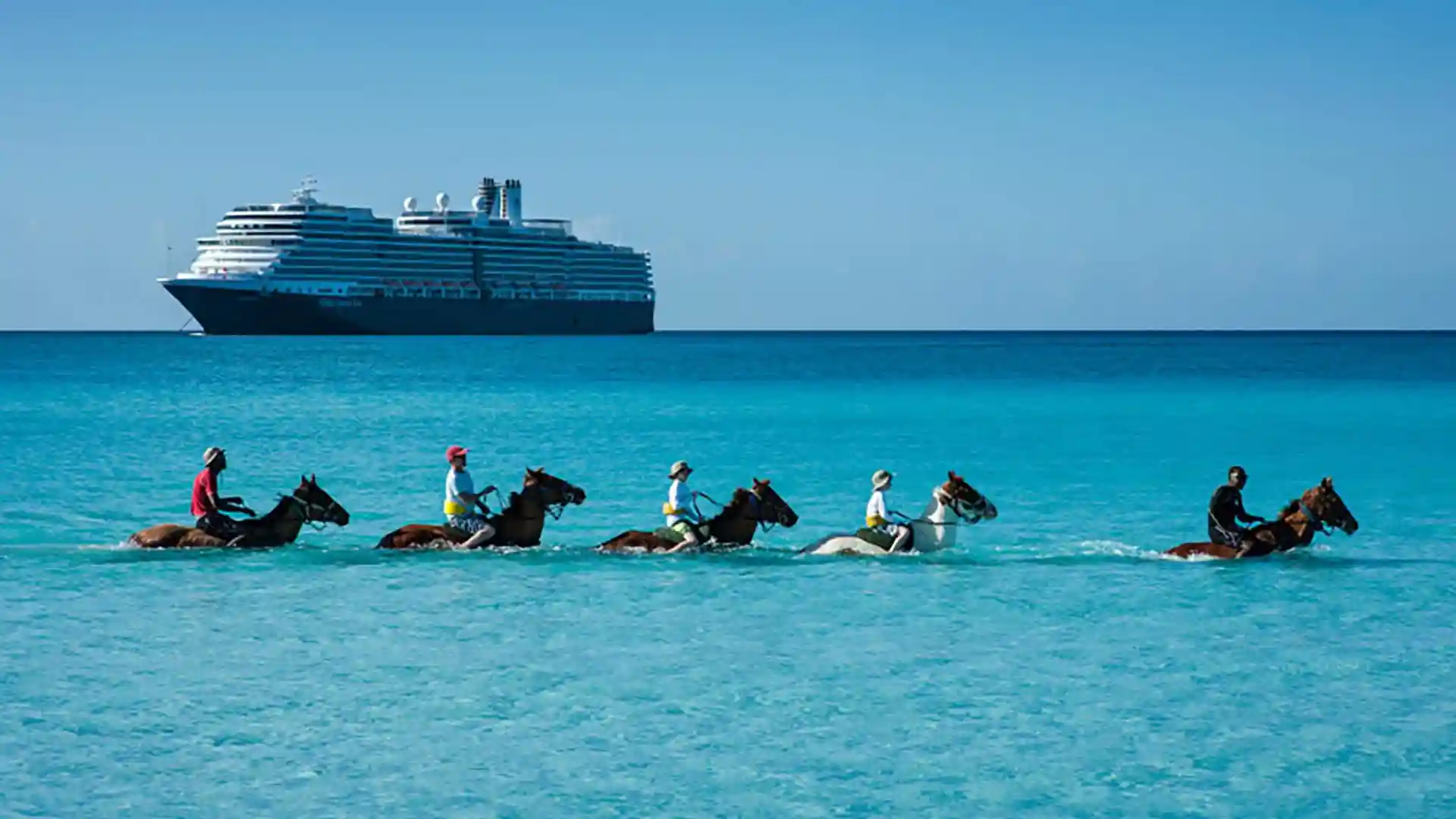 Five people horseback riding through blue waters with cruise ship in background.