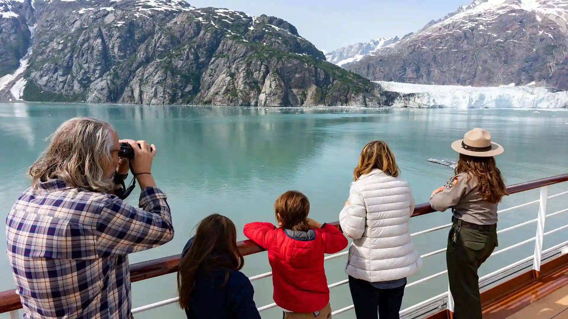Travel expert Samantha Brown viewing glaciers with family and National Park ranger.