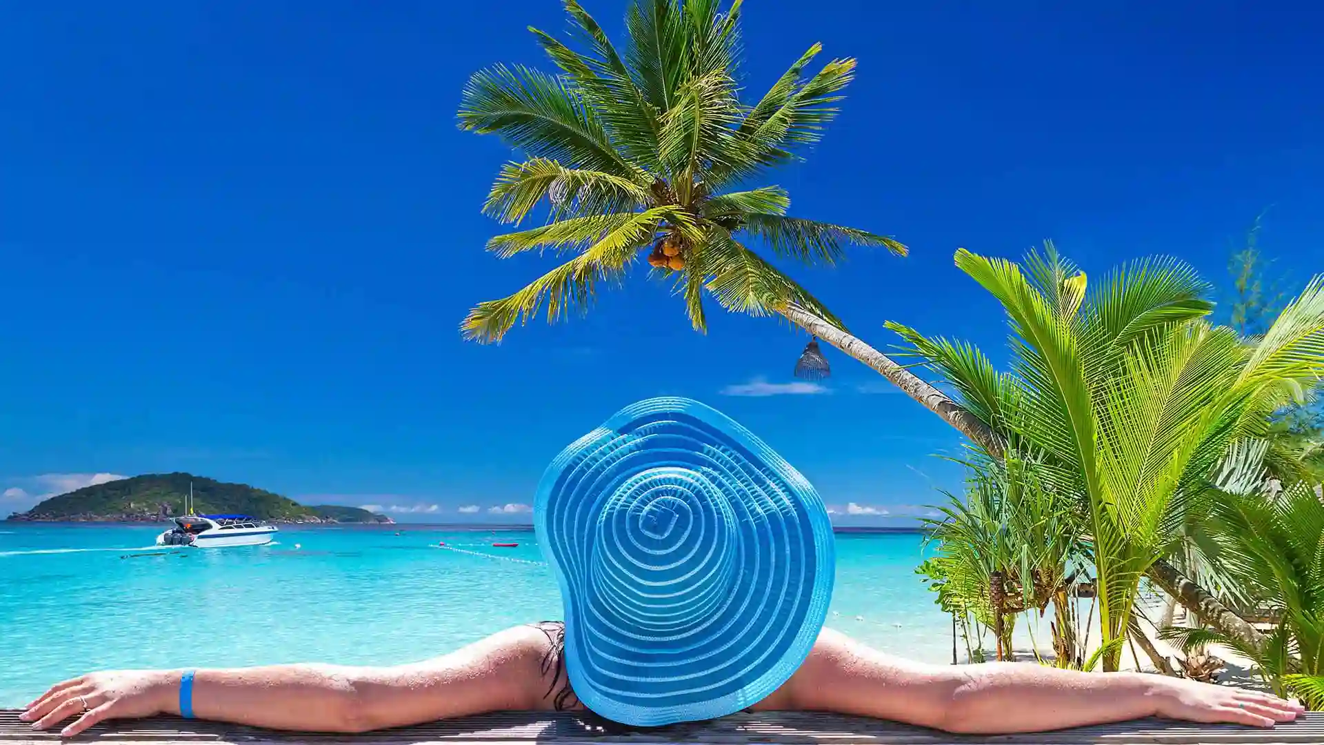 Person wearing blue hat looking out toward island waters and palm trees.