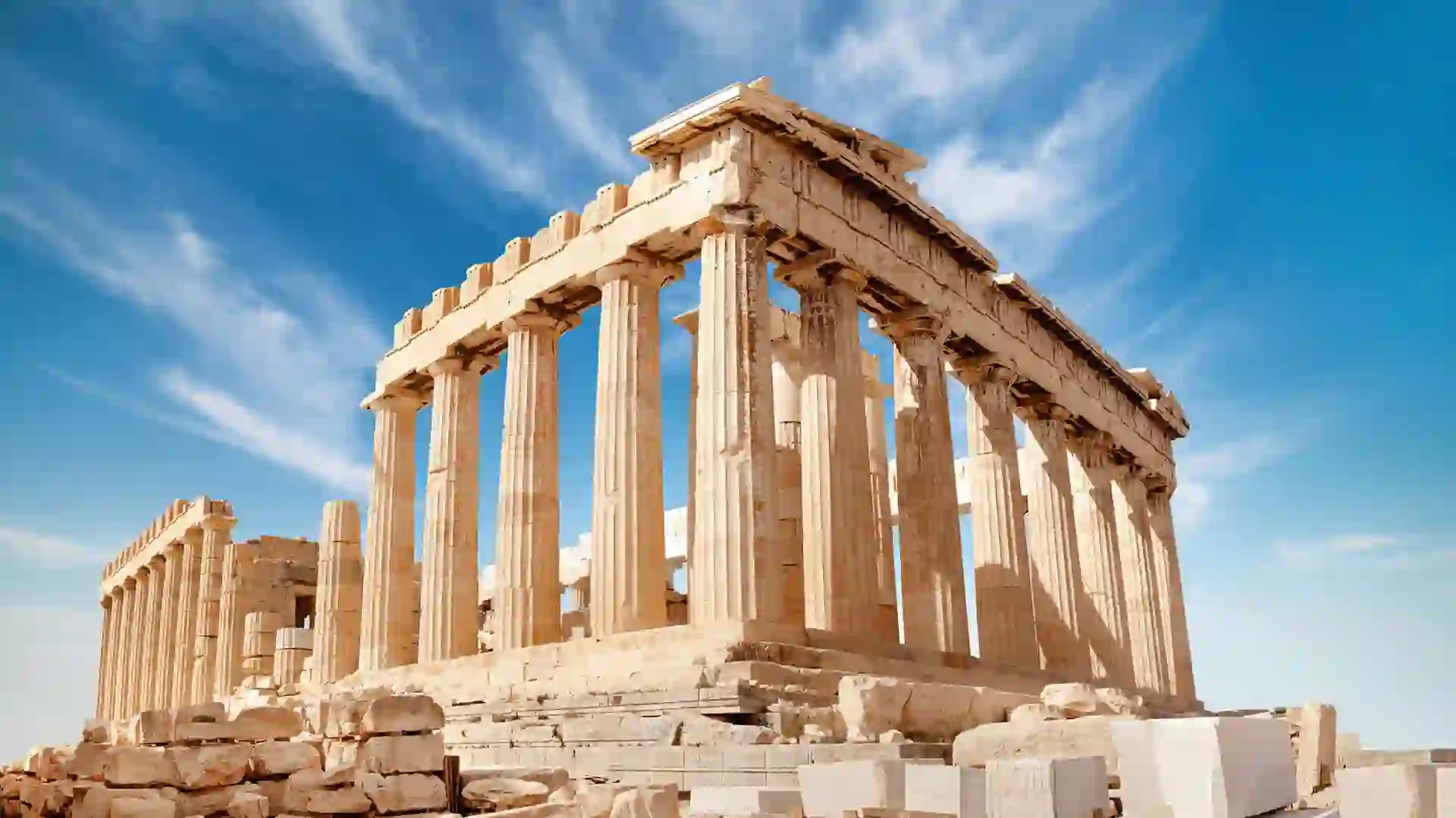 View of ancient building below blue cloudy sky.