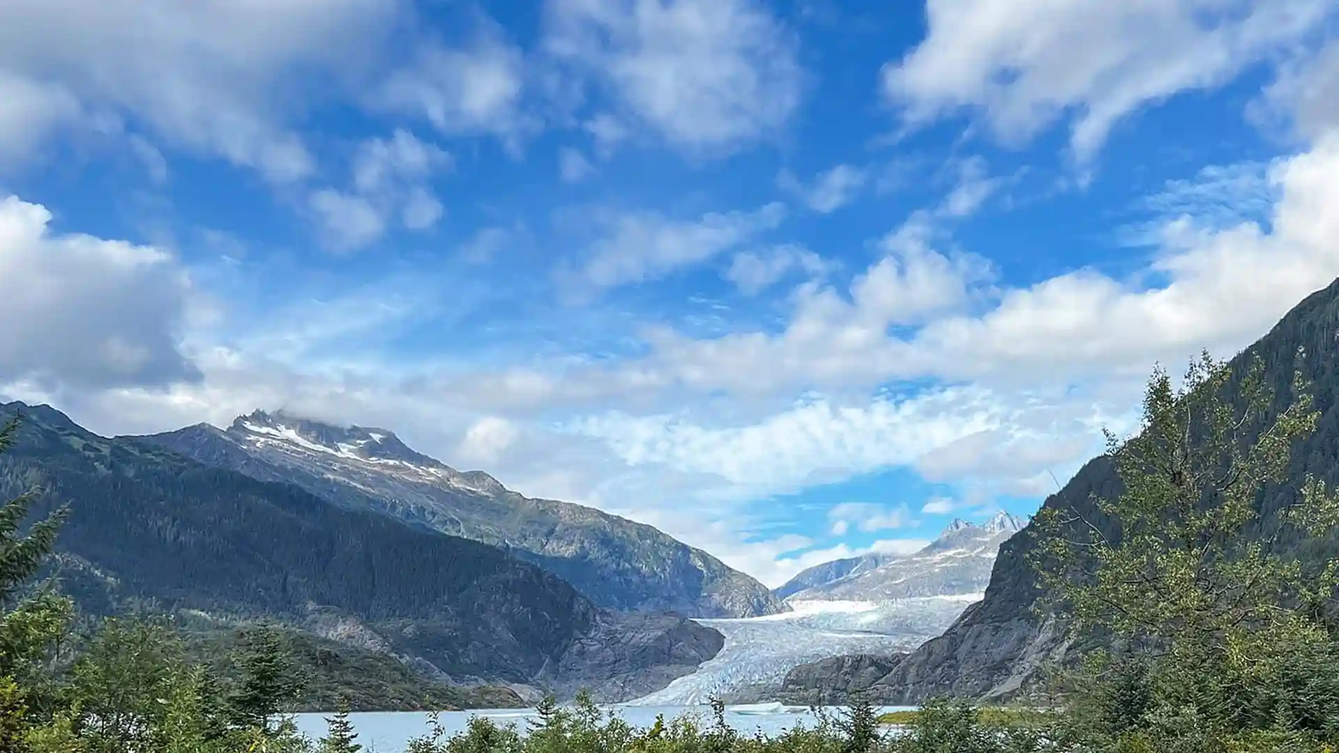View of Mendenhall Glacier in Alaska from Visitor Center.