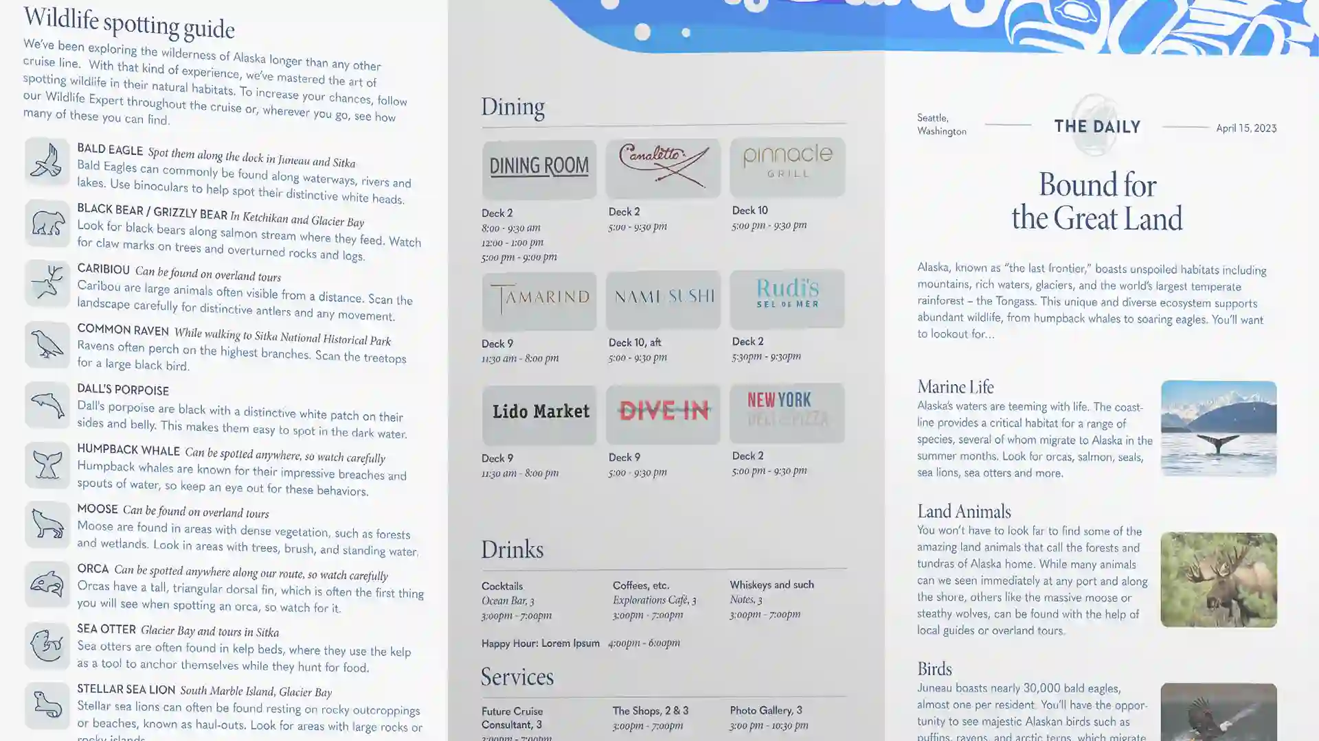 Rico Worl Artwork on Holland America Line Menu View of dining menu with Alaska Native artwork and pictures of Alaska wildlife.