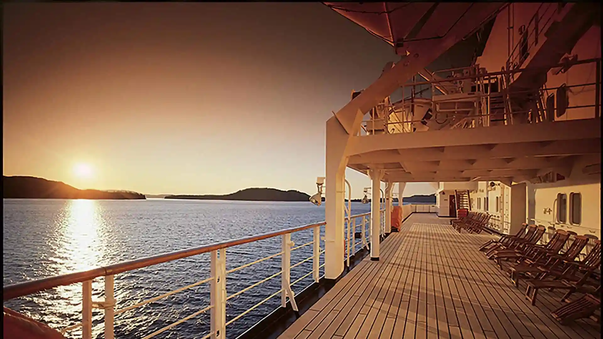 View of deck on cruise ship during sunrise.