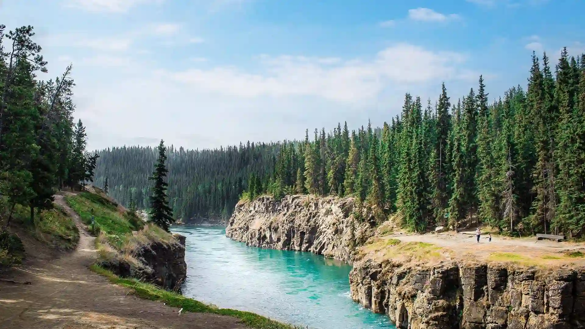 View of river surrounded by rocky and lush forest in Yukon Territory, Canada.