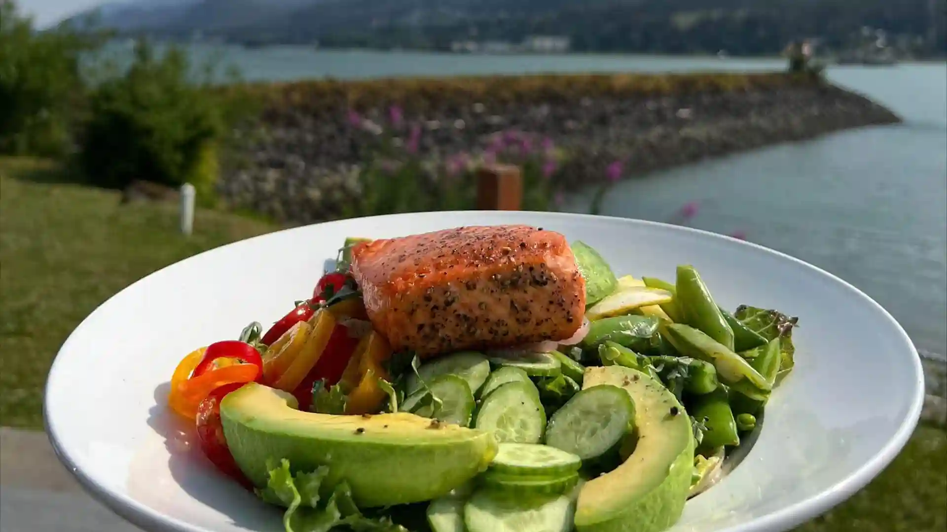 View of cooked salmon and vegetables on white plate with Alaska landscape in background.