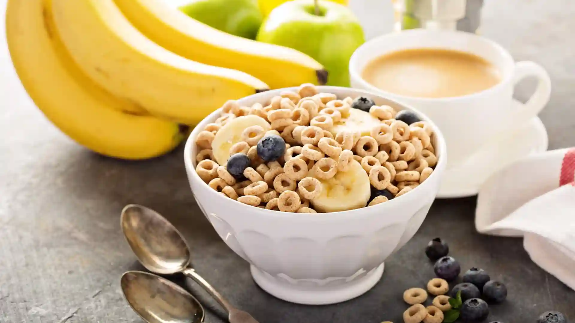 Breakfast Cereal Breakfast cereal with fruit and coffee.