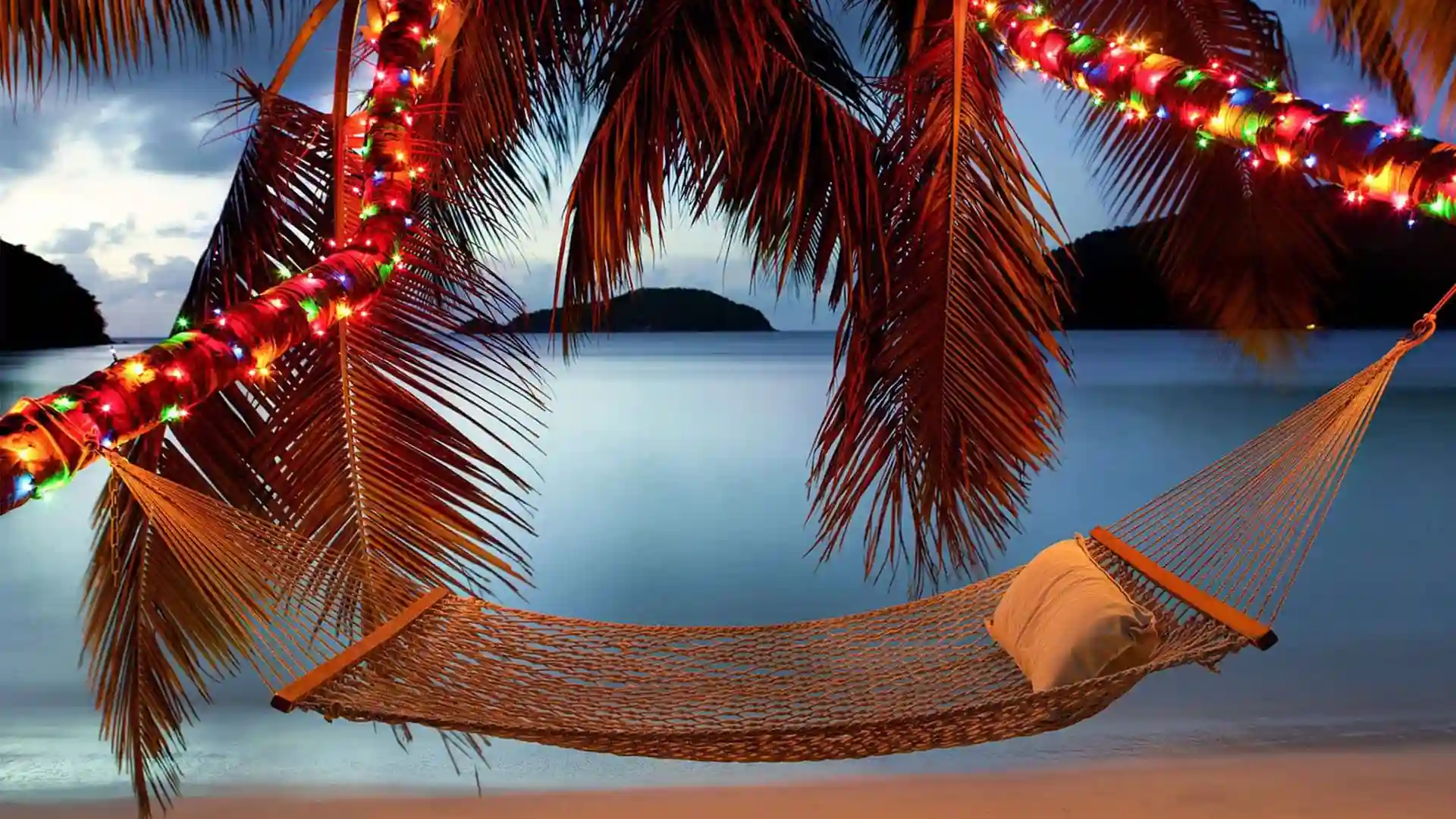 View of hammock beneath palm trees wrapped in Christmas lights near shoreline.