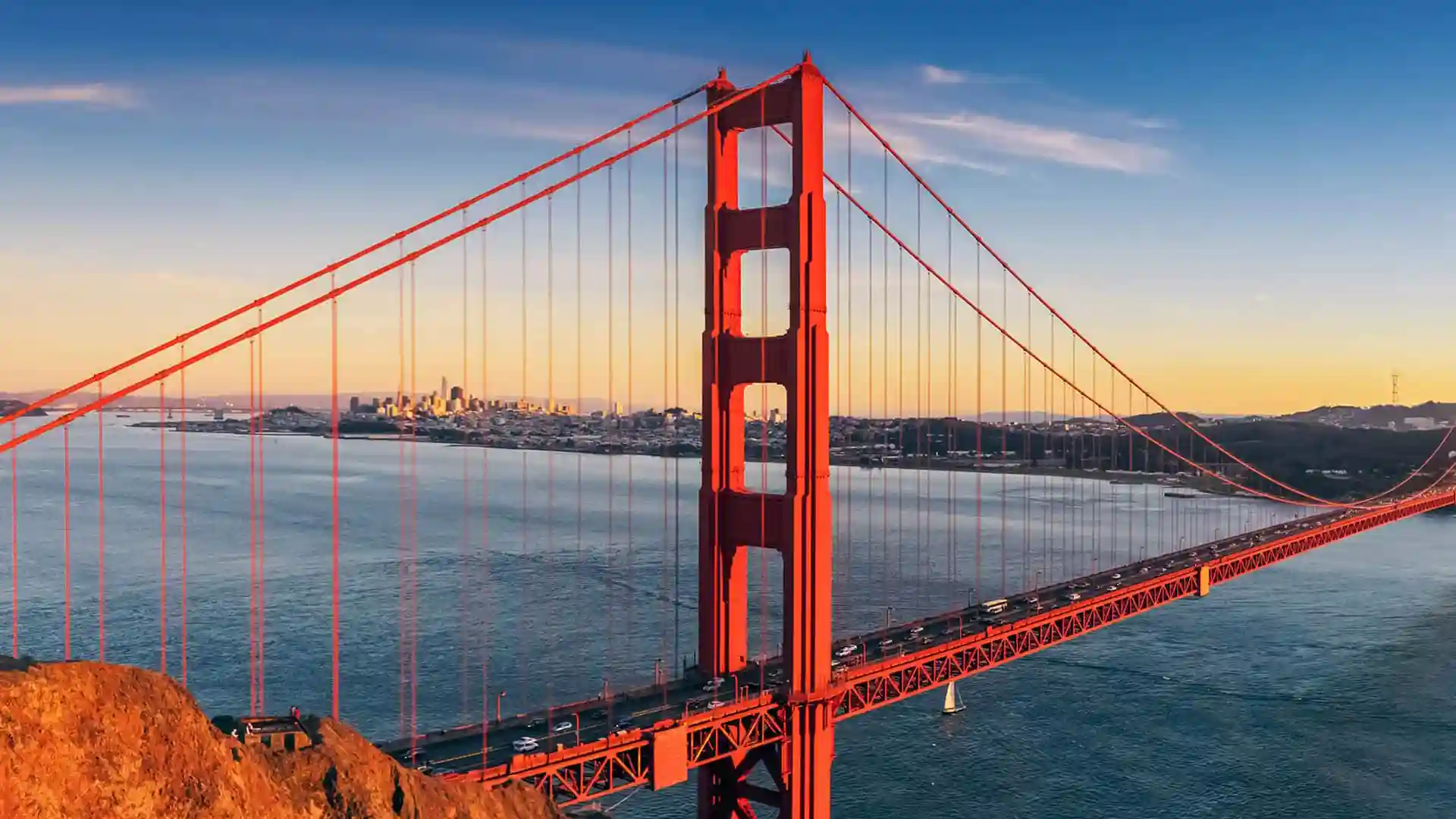 View of Golden Gate Bridge in San Francisco from hillside.