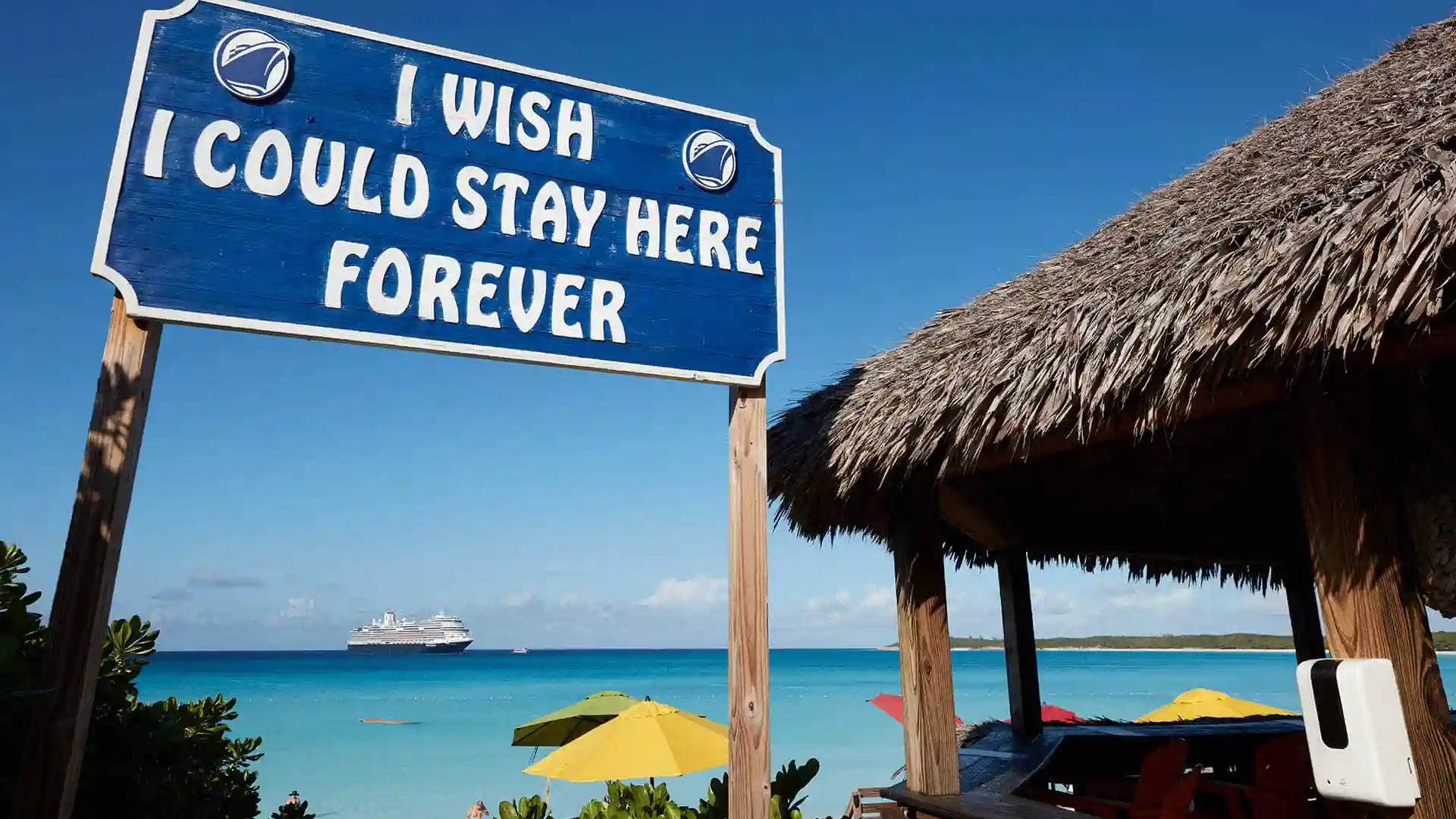 View of sign on Half Moon Cay in Bahamas with Holland America Line cruise ship in background.