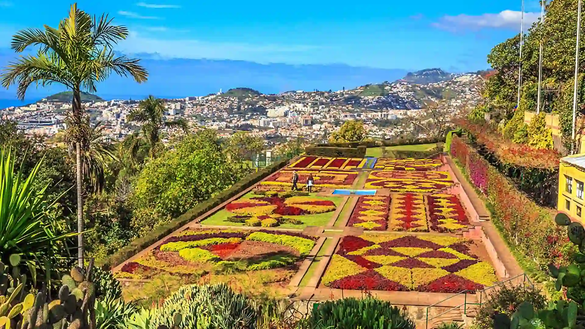 Botanical Gardens in Portugal View of multicolored botanical gardens in Portugal surrounded by a green lush landscape.