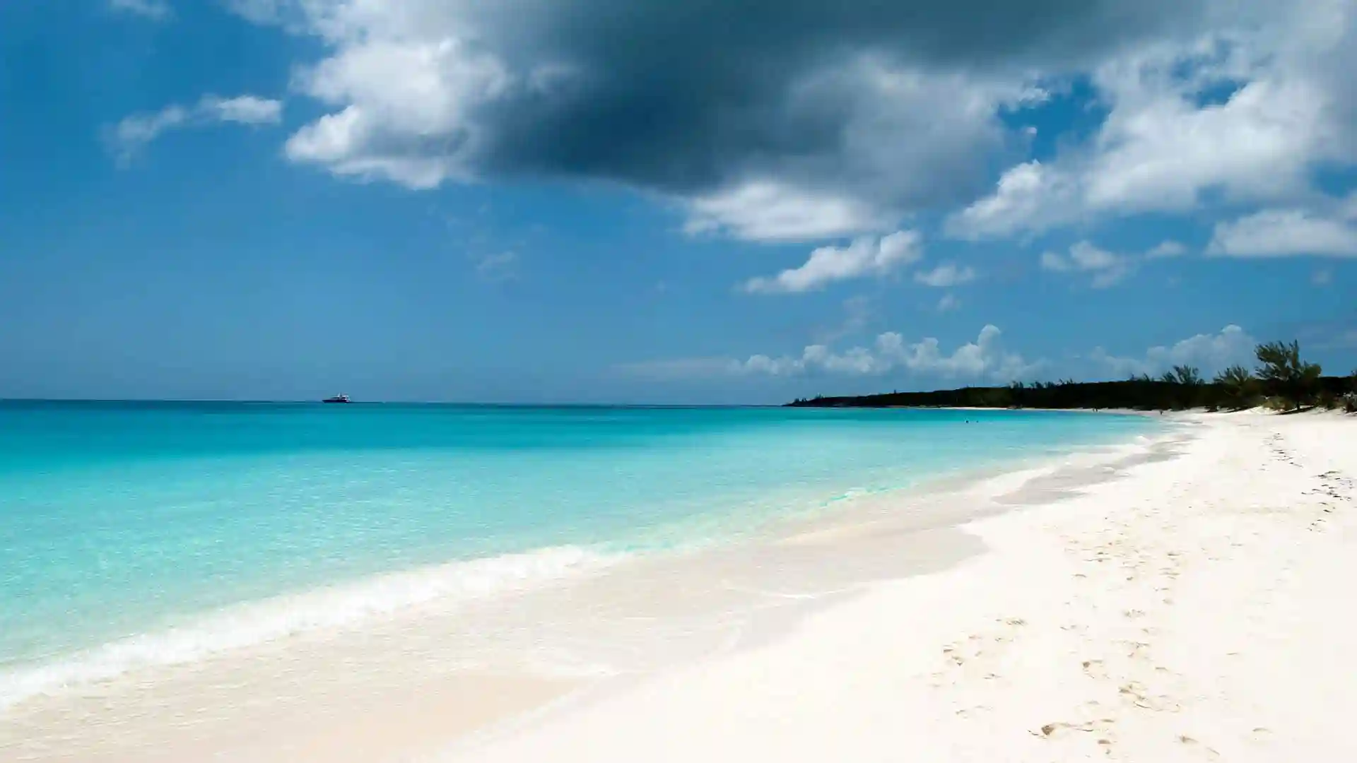 Sandy beach with ship in background.