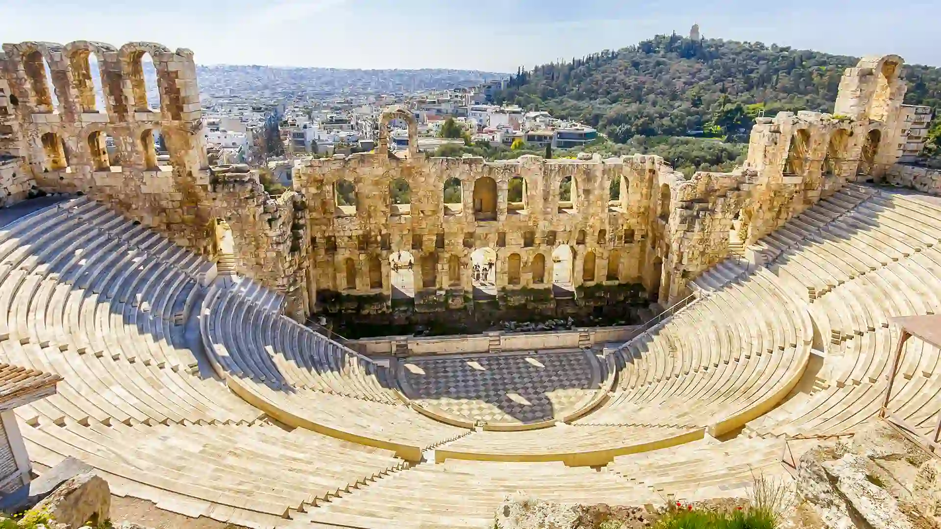 Views from the steps of an ancient outdoor theater.