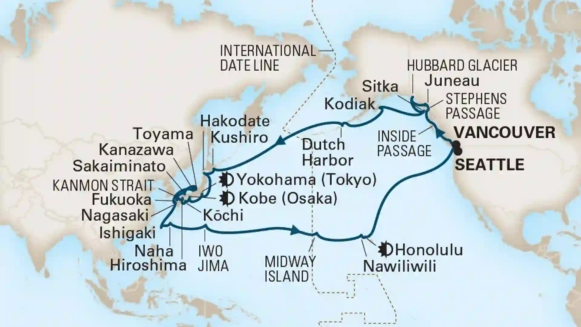Majestic Japan Legendary Voyage Itinerary Map Map showing path of cruise from Seattle to and from Japan.