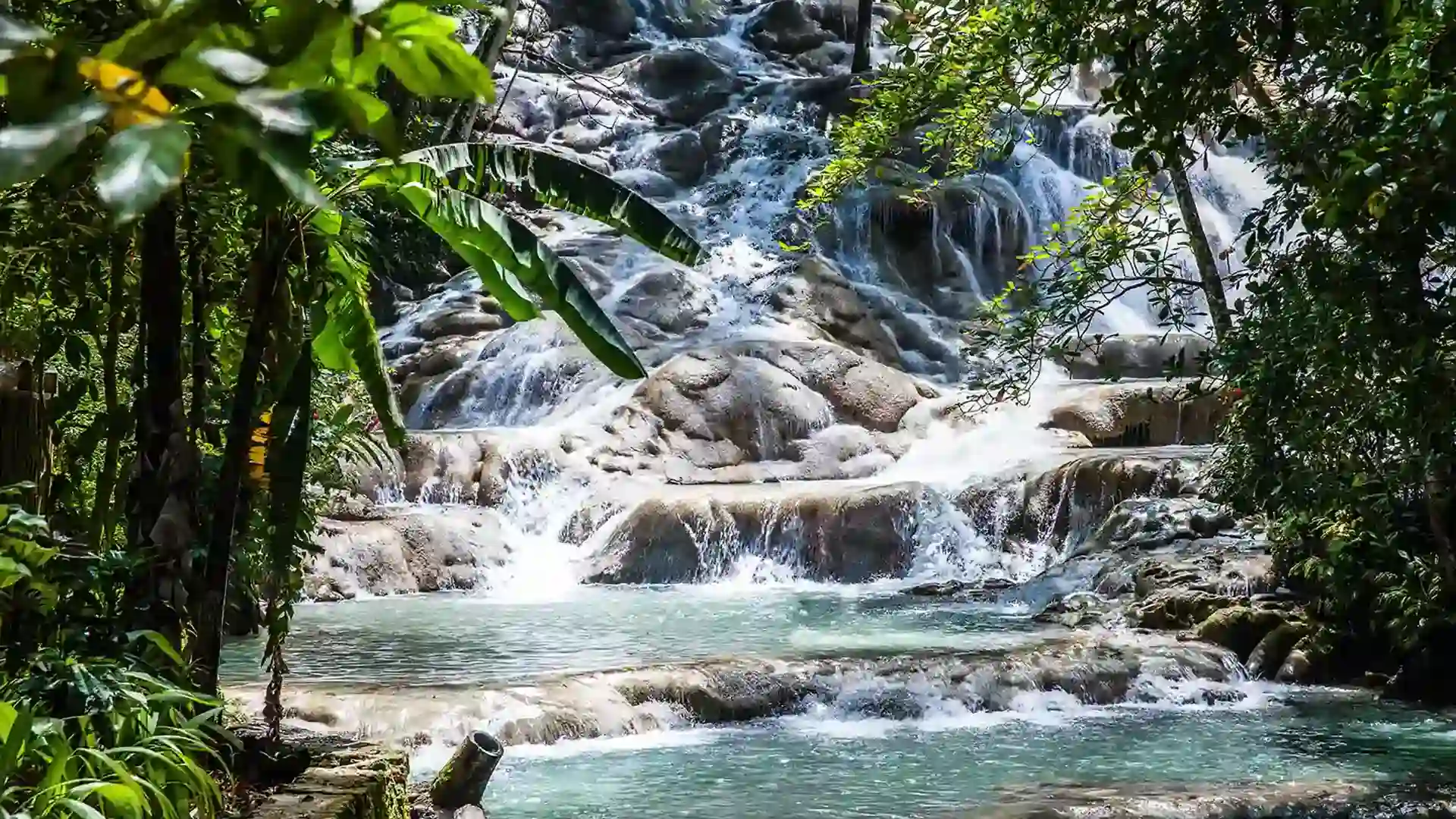 View of waterfall cascading down stone steps surrounded by green forest.