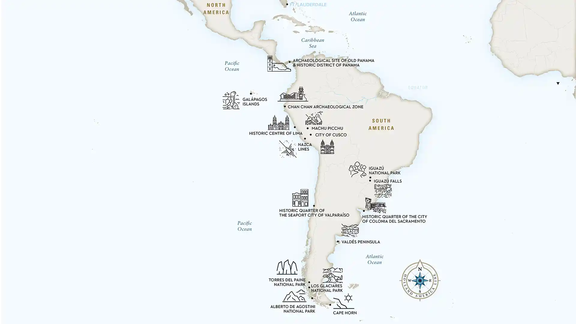 Map showing UNESCO World Heritage Sites near the coasts of South America.