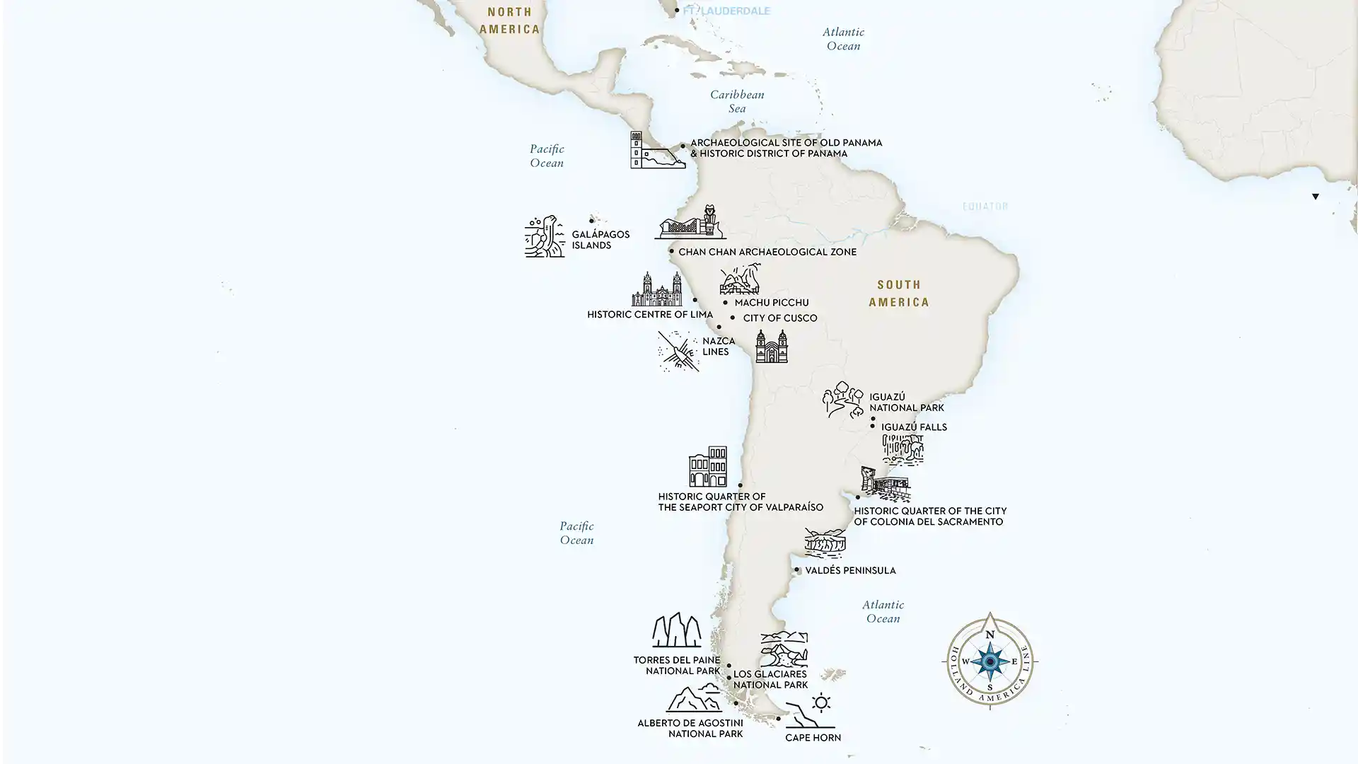 UNESCO Sites South America Cruise Map showing UNESCO World Heritage Sites near the coasts of South America.