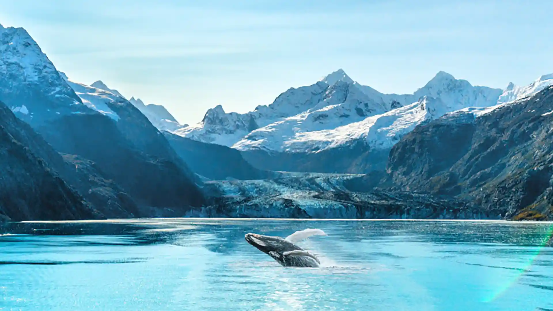 View of whale breaching waters in Glacier Bay, Alaska.