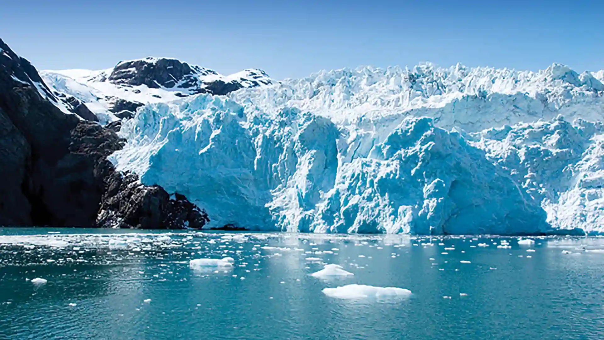 View of icy-blue glacier in Alaska.