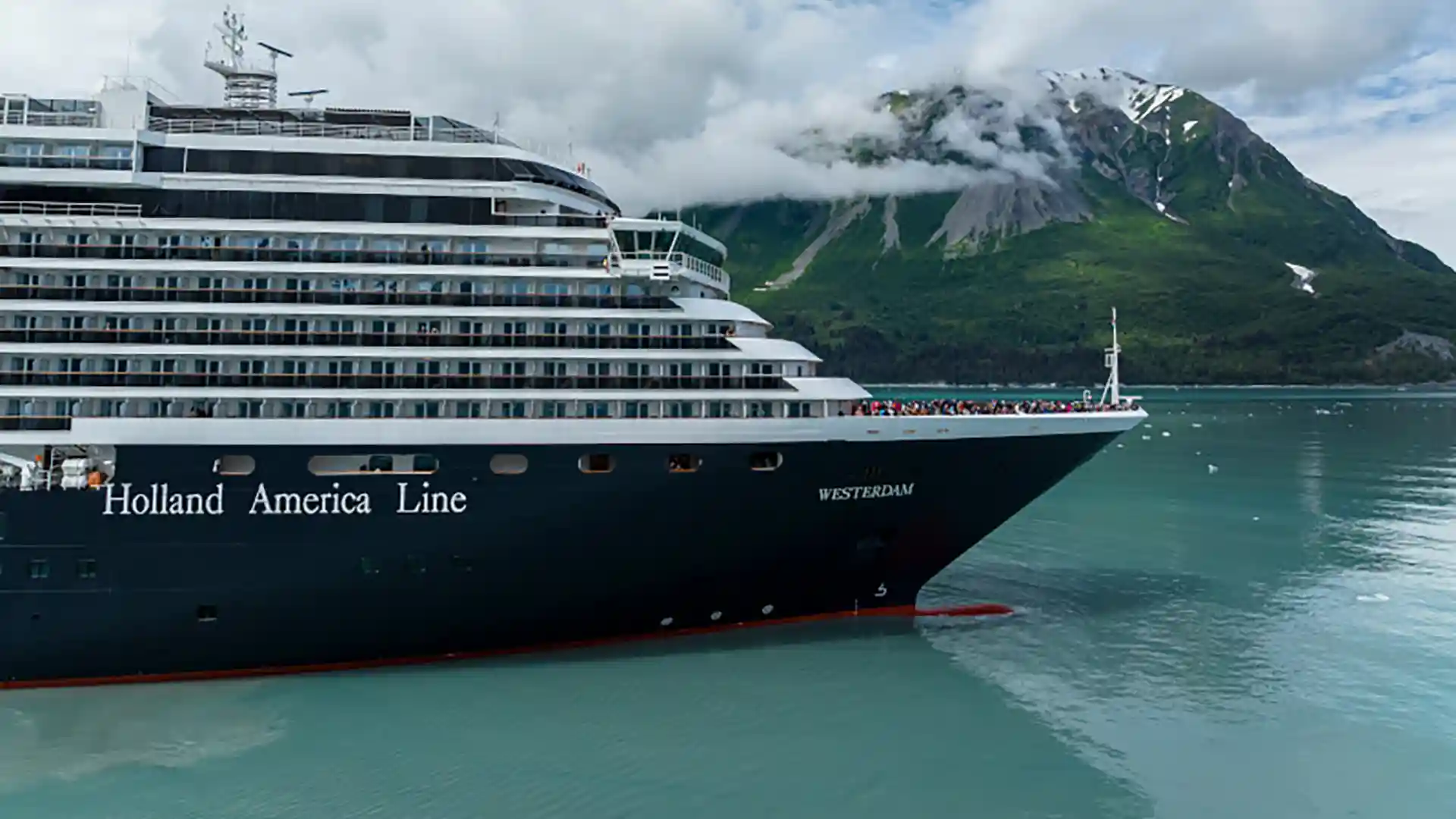 View of Holland America Line cruise ship in Alaska.