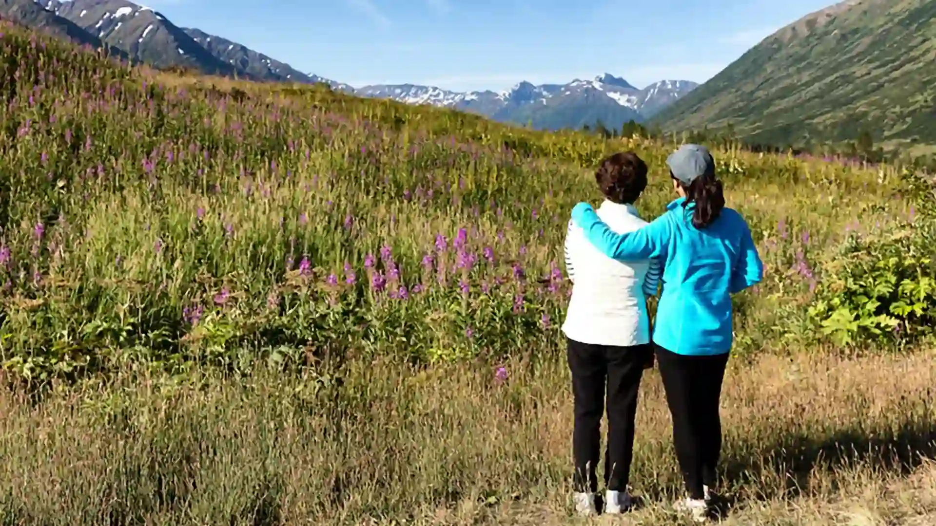 View of two people looking out at wildflowers and mountain landscape.