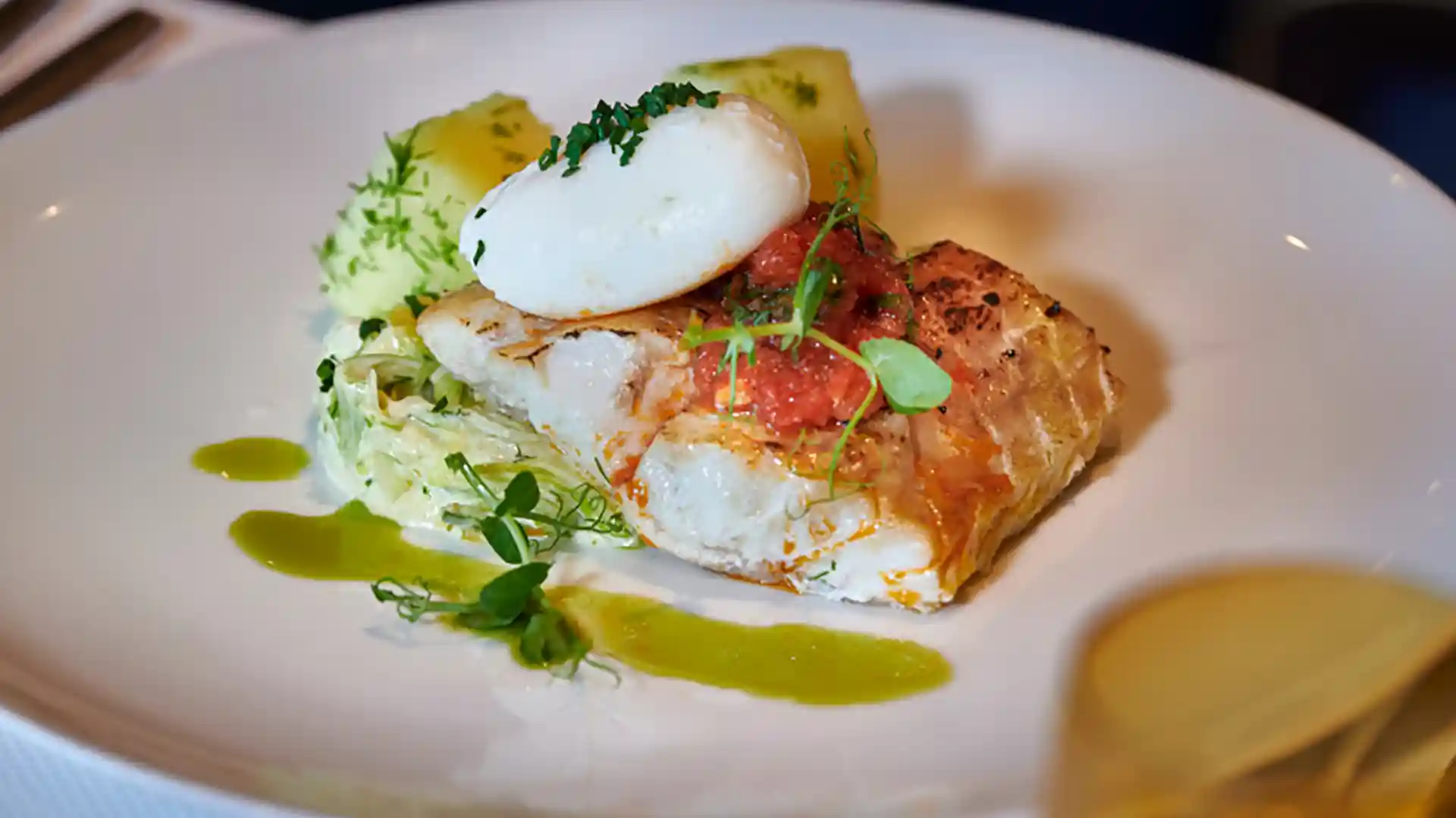 View of fresh fish dish served on Holland America Line cruise.