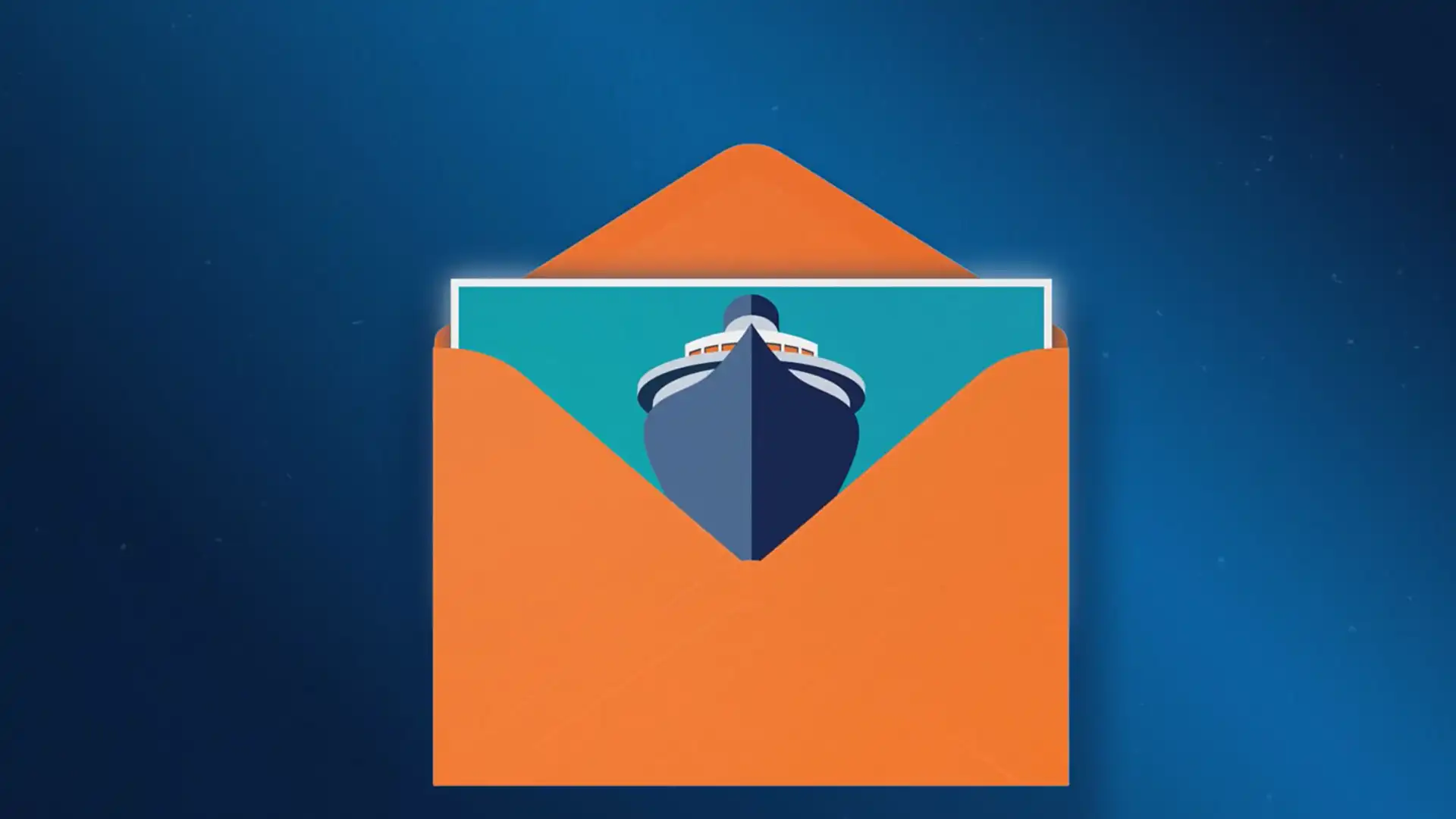 View of orange envelope with card sticking out showing digital artwork of a Holland America Line cruise ship.