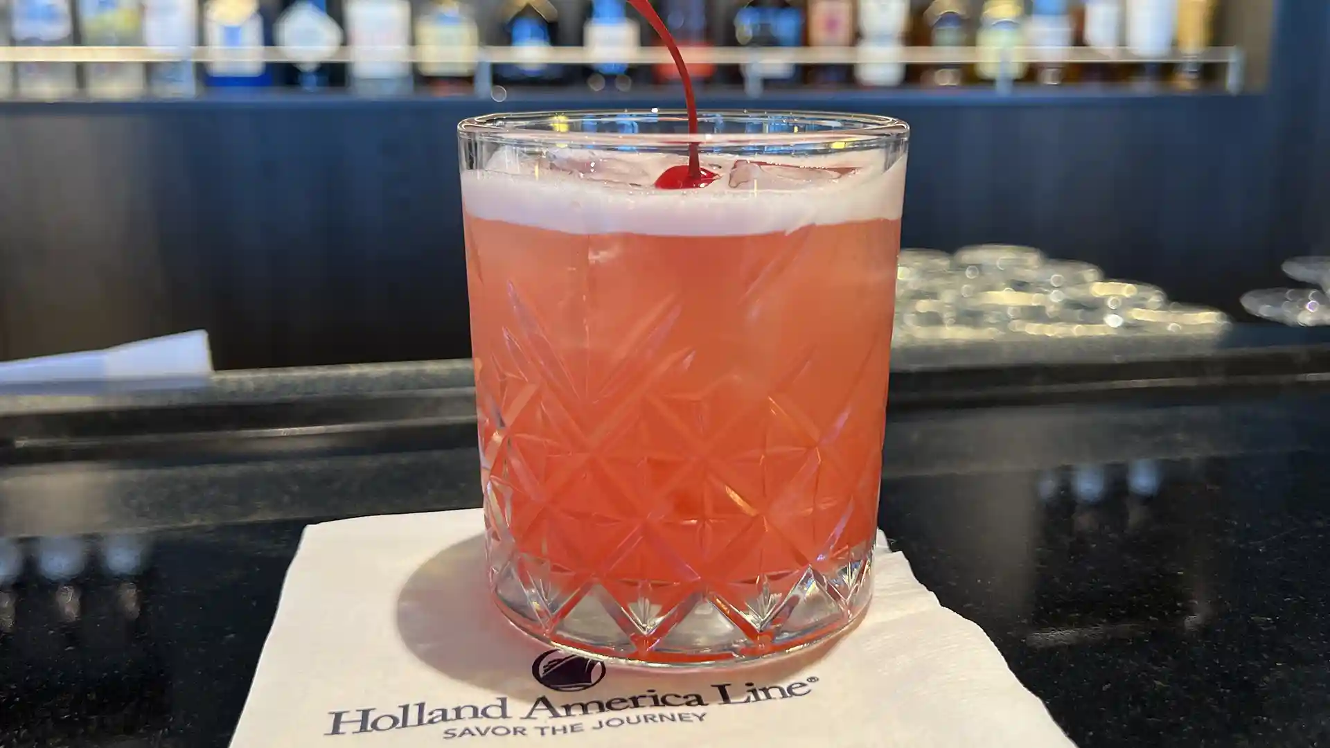 Holland America Line's Valentine's Day cocktail with cherry on top.