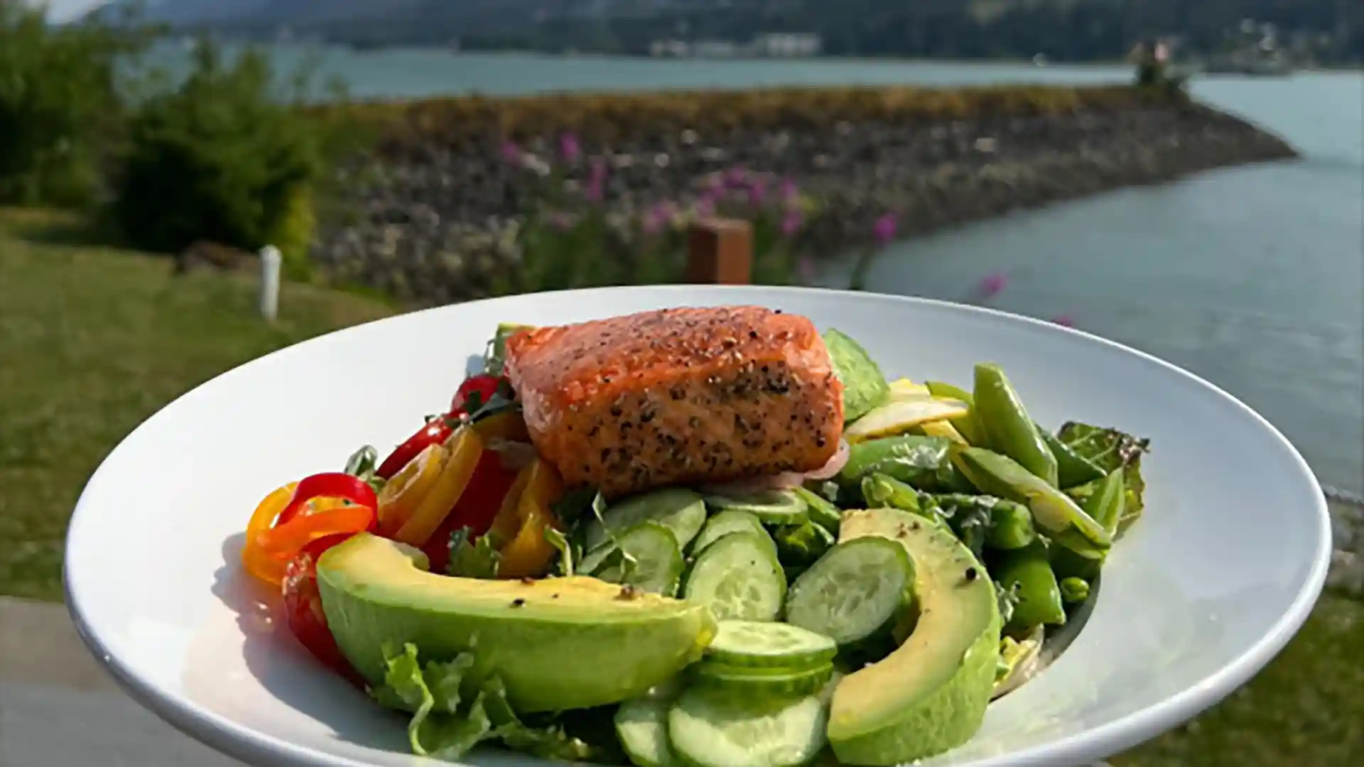 Cooked salmon and vegetables on plate with Alaska landscape and ocean waters in background.