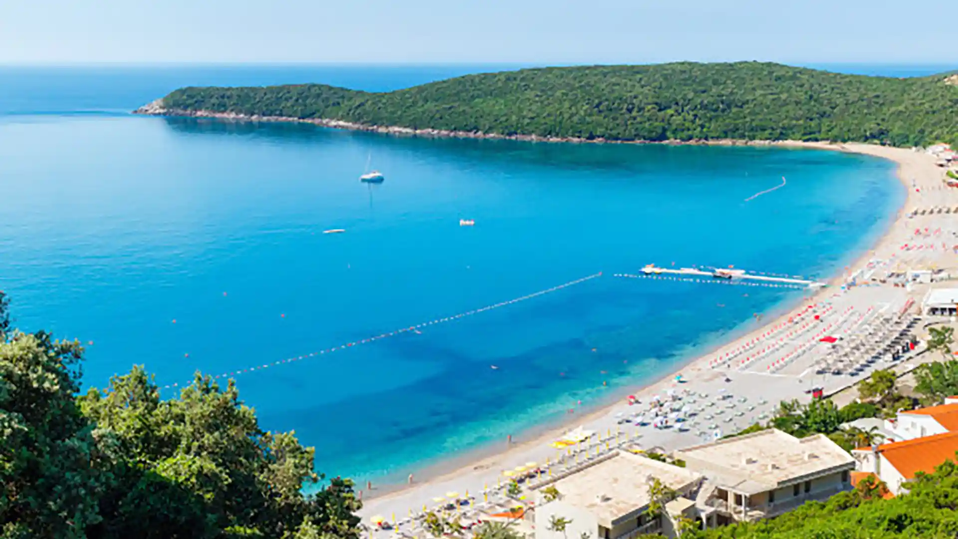 Aerial view of Jaz Beach in Montenegro.