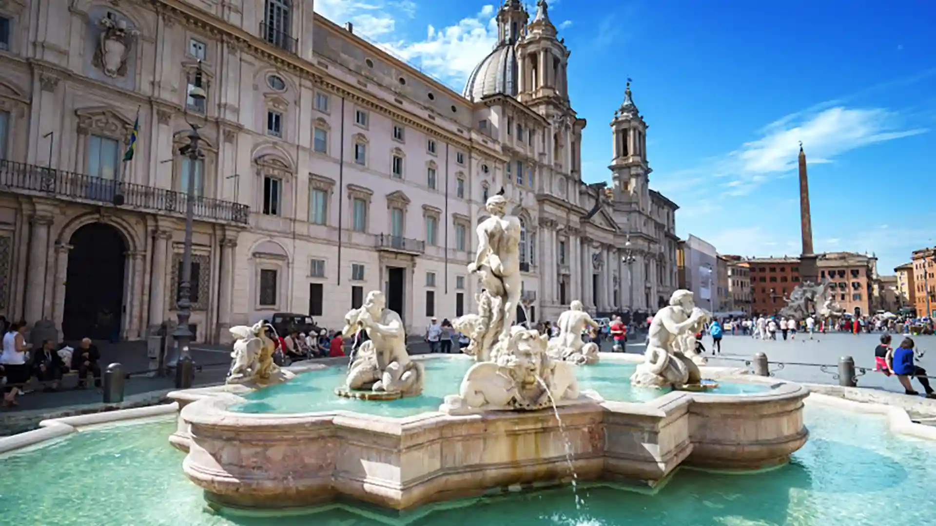 View of piazza and fountain in Rome.