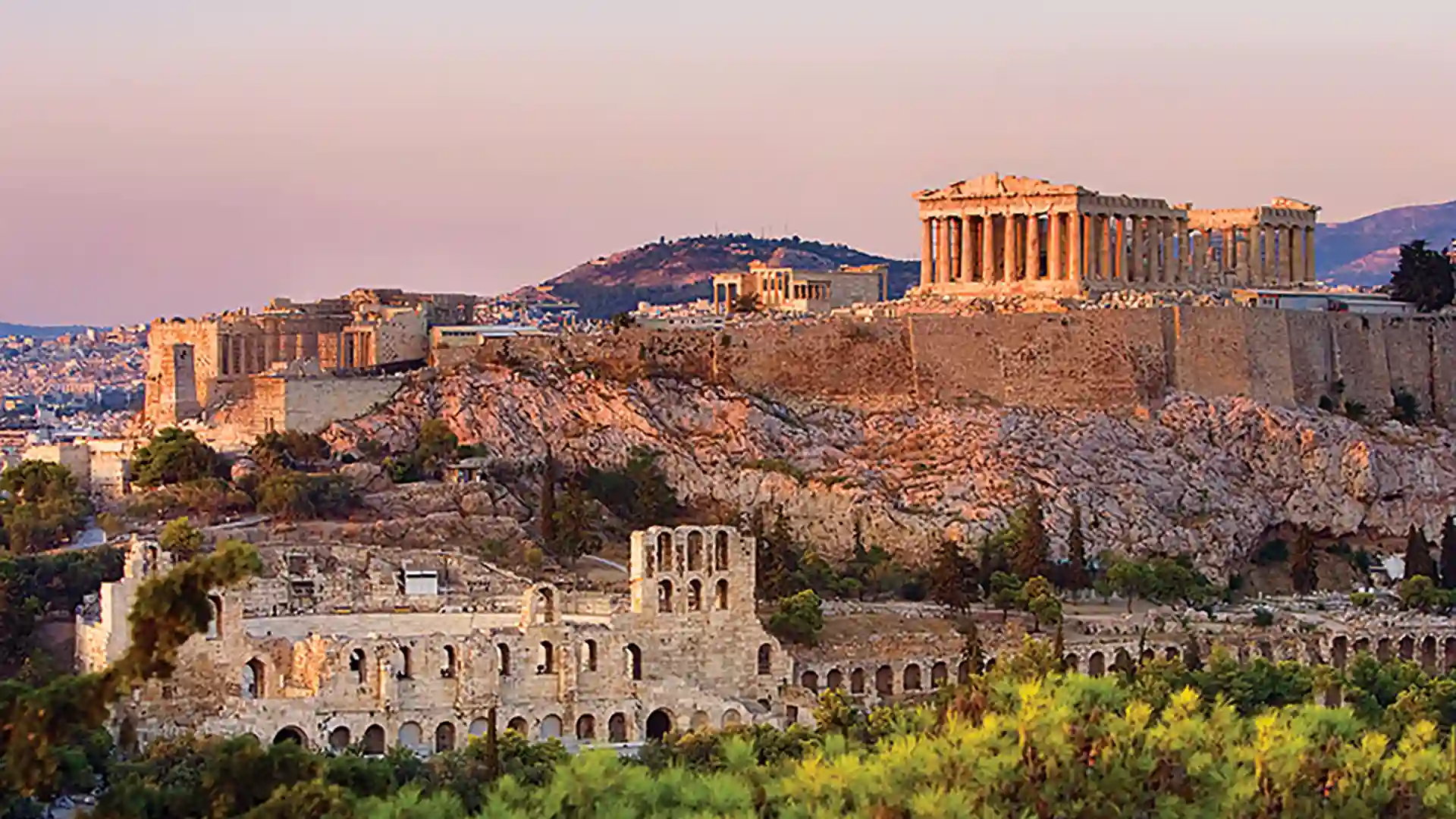 View of acropolis and ancient ruins in Athens, Greece.