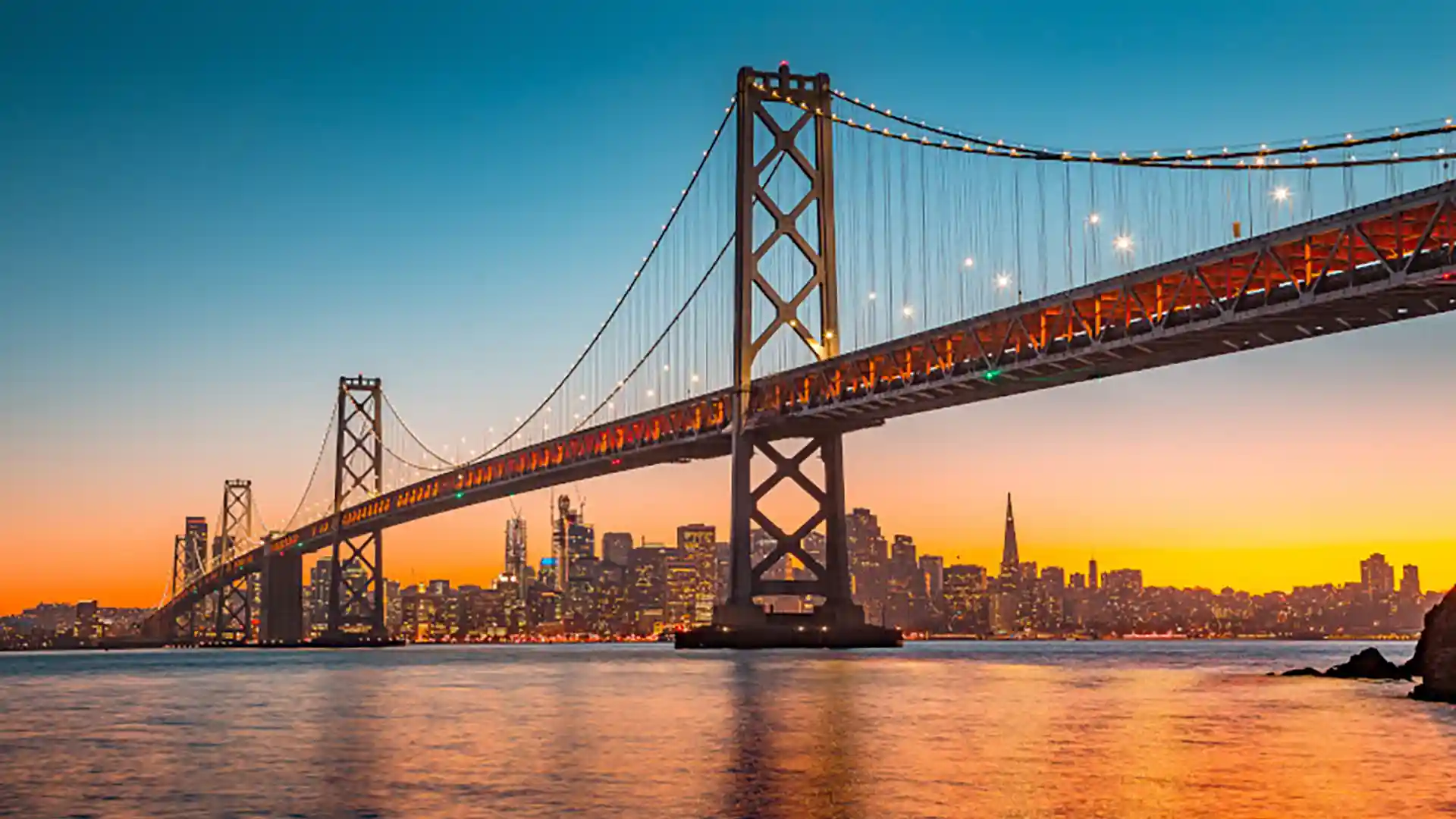 View of Golden Gate Bridge in San Francisco during sunset.
