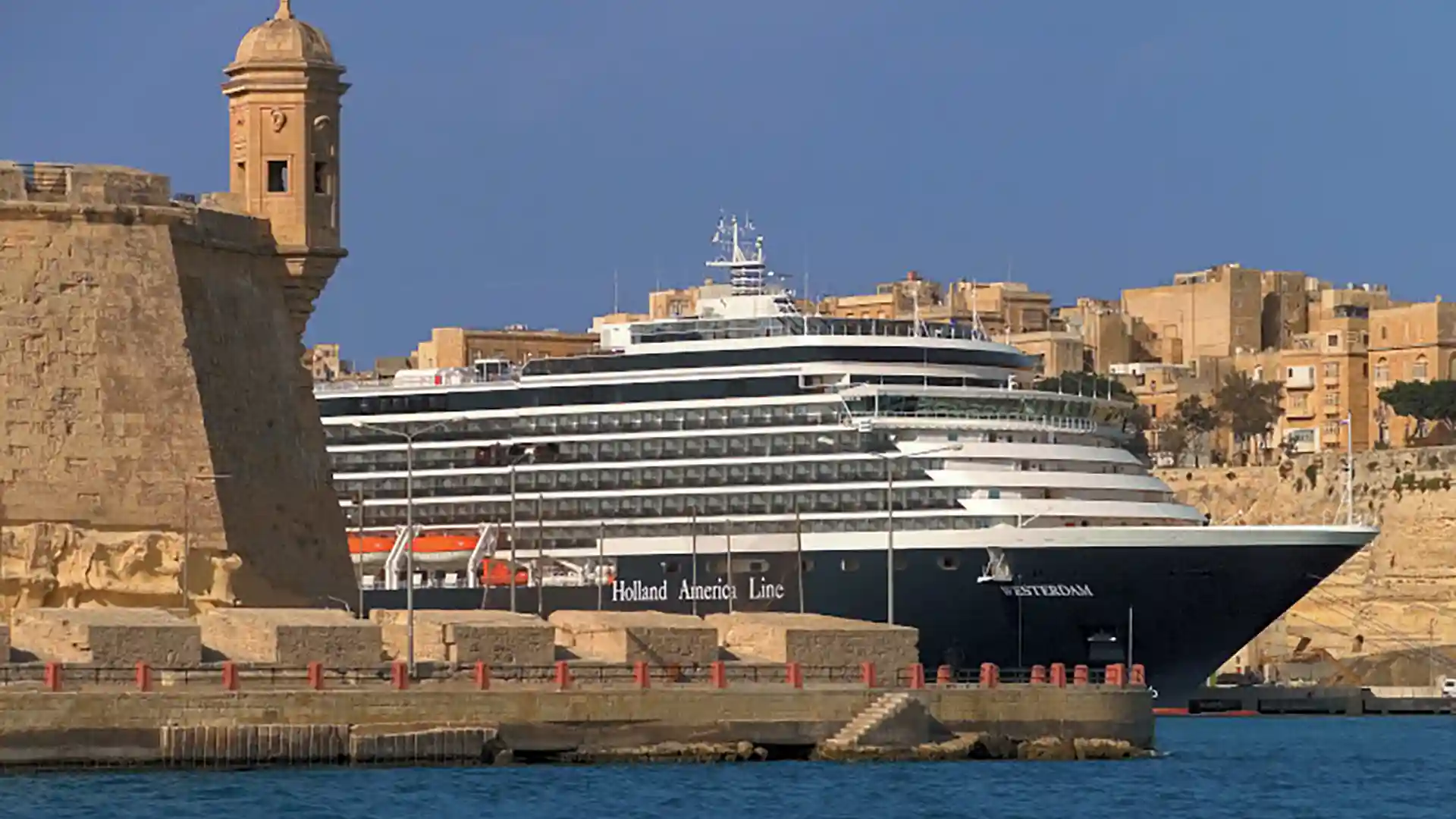 View of Holland America Line cruise ship in Malta on Mediterranean cruise.