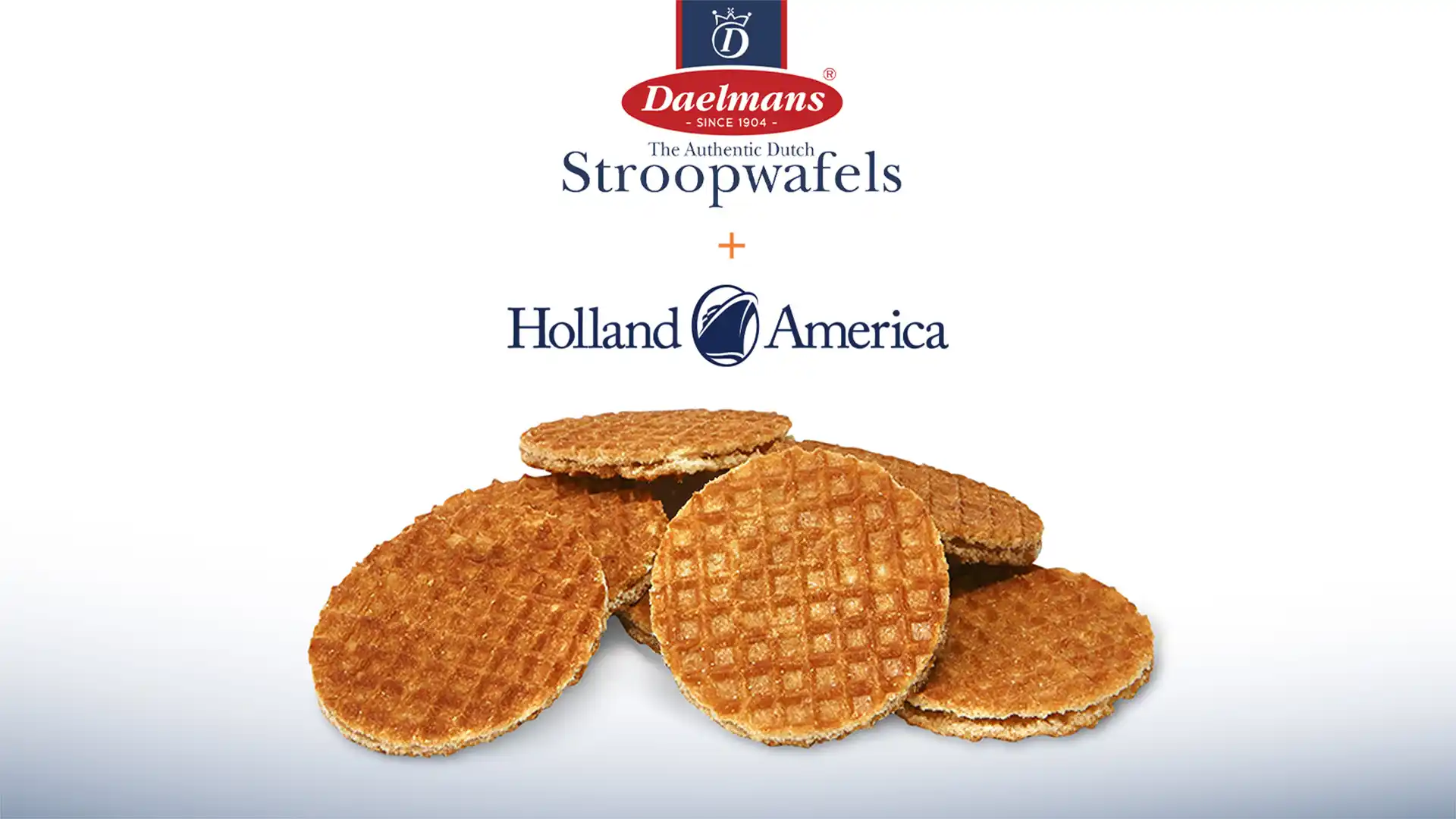 View of stroopwafels with Holland America Line and Daelmans logos above it.